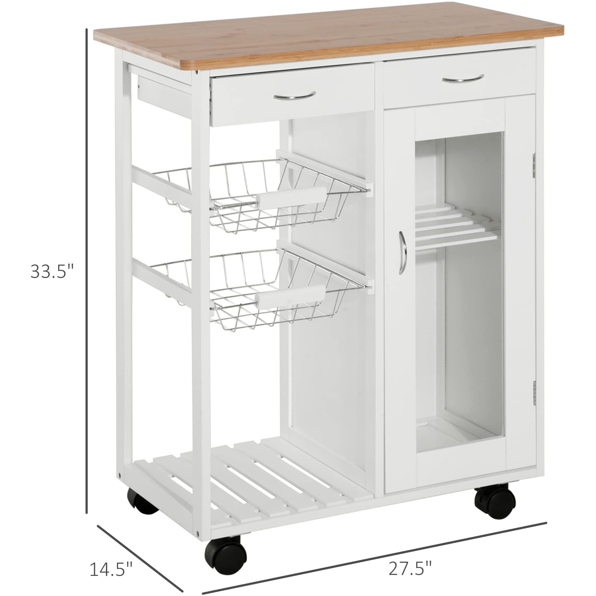 Homcom 28"" Rolling Kitchen Island With Storage, Kitchen Cart With Solid Bamboo Top, Wire Basket,Door Cabinet And Drawers, White