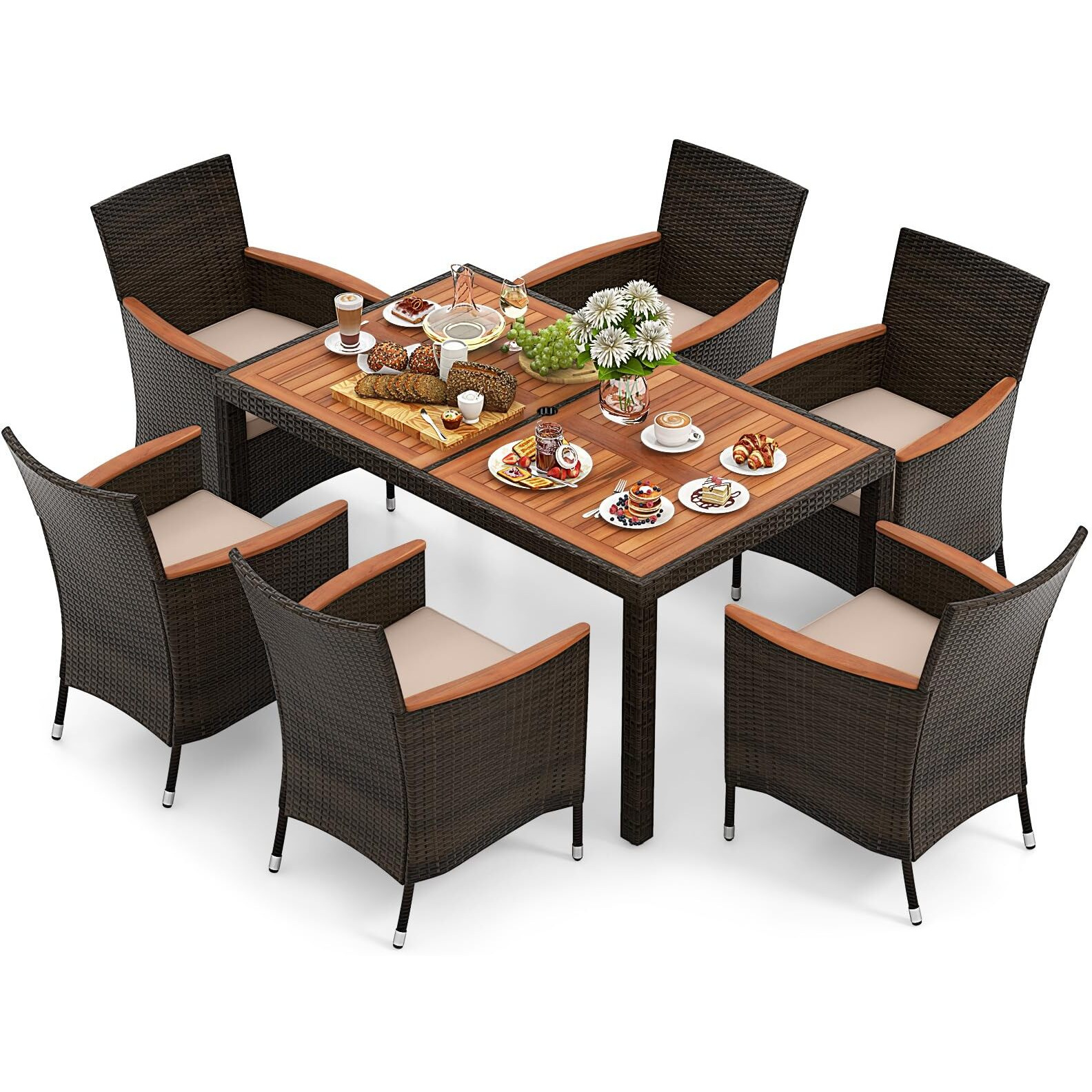 Tangkula 7 Pieces Outdoor Wicker Dining Set, Patio Dining Furniture Set With Acacia Wood Table And 6 Stackable Chairs, Outdoor Table And Chairs Set With 1.96    Umbrella Hole And Cushions