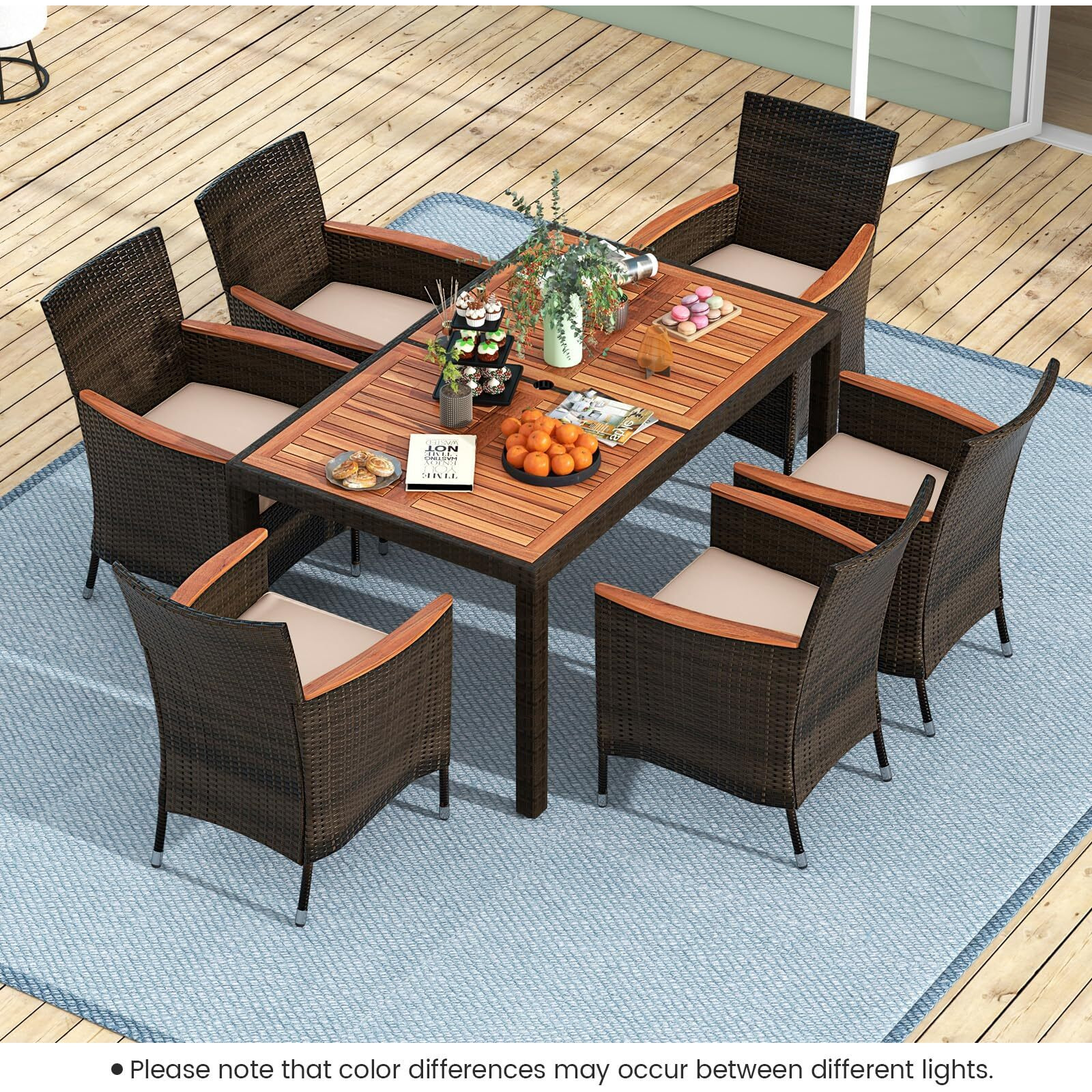 Tangkula 7 Pieces Outdoor Wicker Dining Set, Patio Dining Furniture Set With Acacia Wood Table And 6 Stackable Chairs, Outdoor Table And Chairs Set With 1.96    Umbrella Hole And Cushions