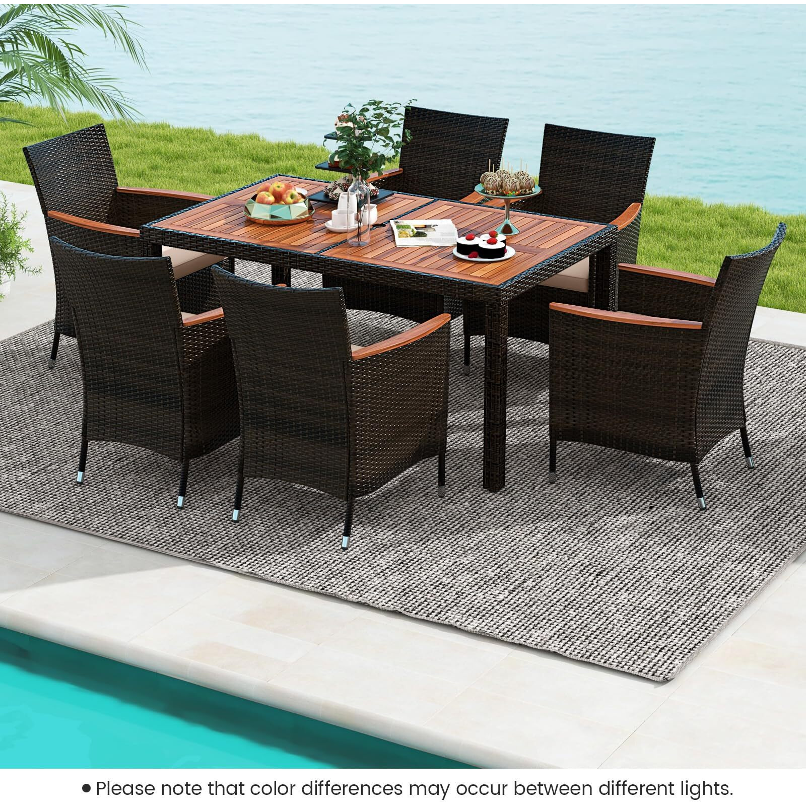 Tangkula 7 Pieces Outdoor Wicker Dining Set, Patio Dining Furniture Set With Acacia Wood Table And 6 Stackable Chairs, Outdoor Table And Chairs Set With 1.96    Umbrella Hole And Cushions