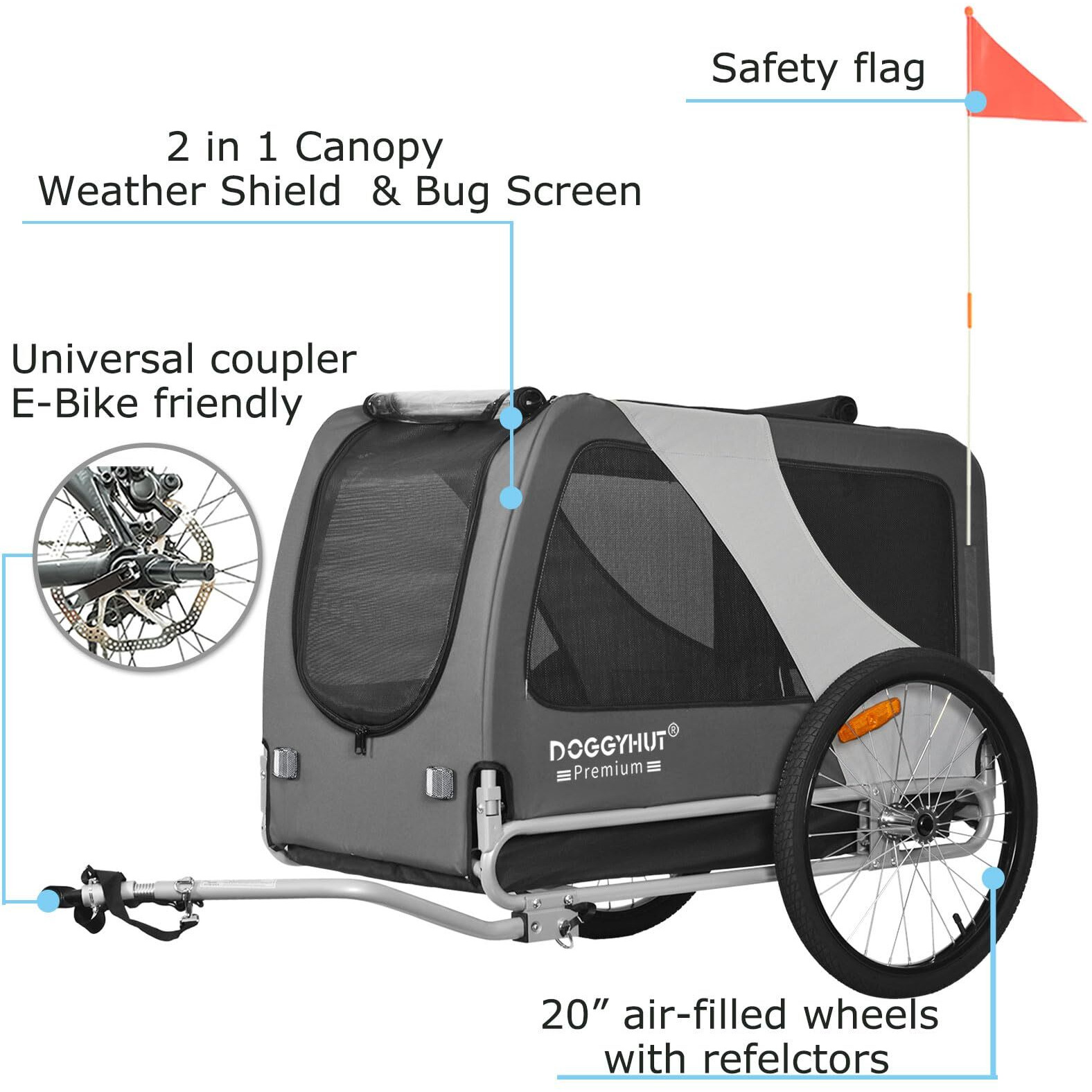 Doggyhut Premium Xl Pet Bike Trailer For Large Dog Or Multiple Small Dogs, Up To 100 Lbs,Dog Bicycle Carrier,Low Center Of Gravity,Easy Folding Frame Cart (Gray)