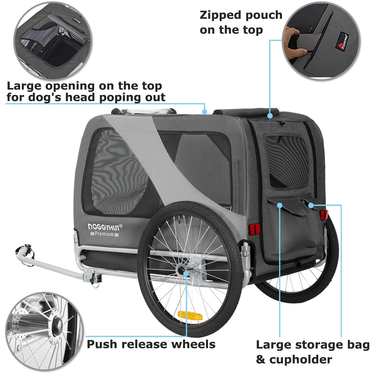 Doggyhut Premium Xl Pet Bike Trailer For Large Dog Or Multiple Small Dogs, Up To 100 Lbs,Dog Bicycle Carrier,Low Center Of Gravity,Easy Folding Frame Cart (Gray)