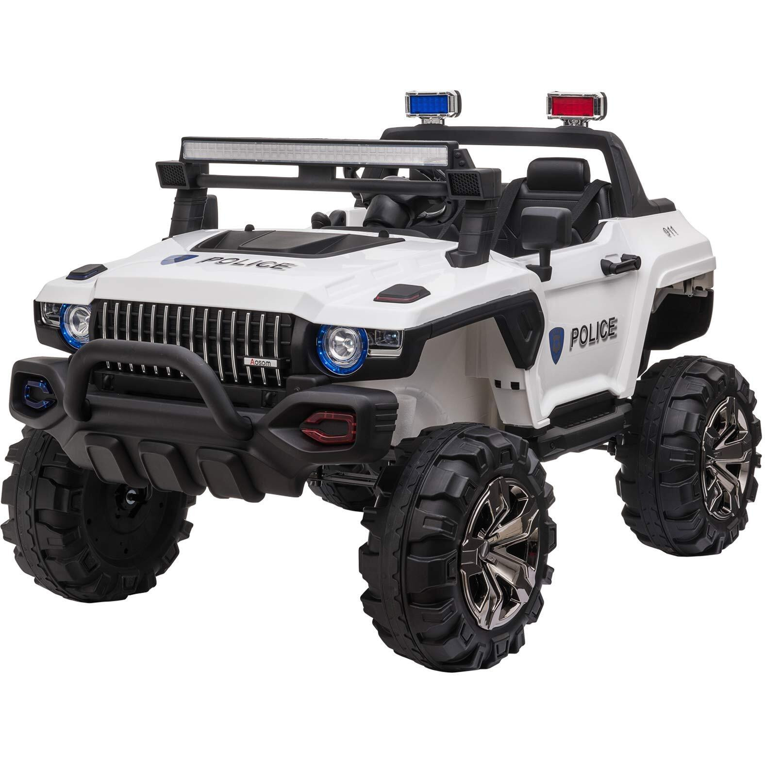 Aosom Big Size 53"" L 2-Seater 12V Police Car Ride-On Truck With Remote Control And Siren, Battery-Operated Electric Car For Kids With Suspension, Mp3 Player, Lights, Music, Horn, White