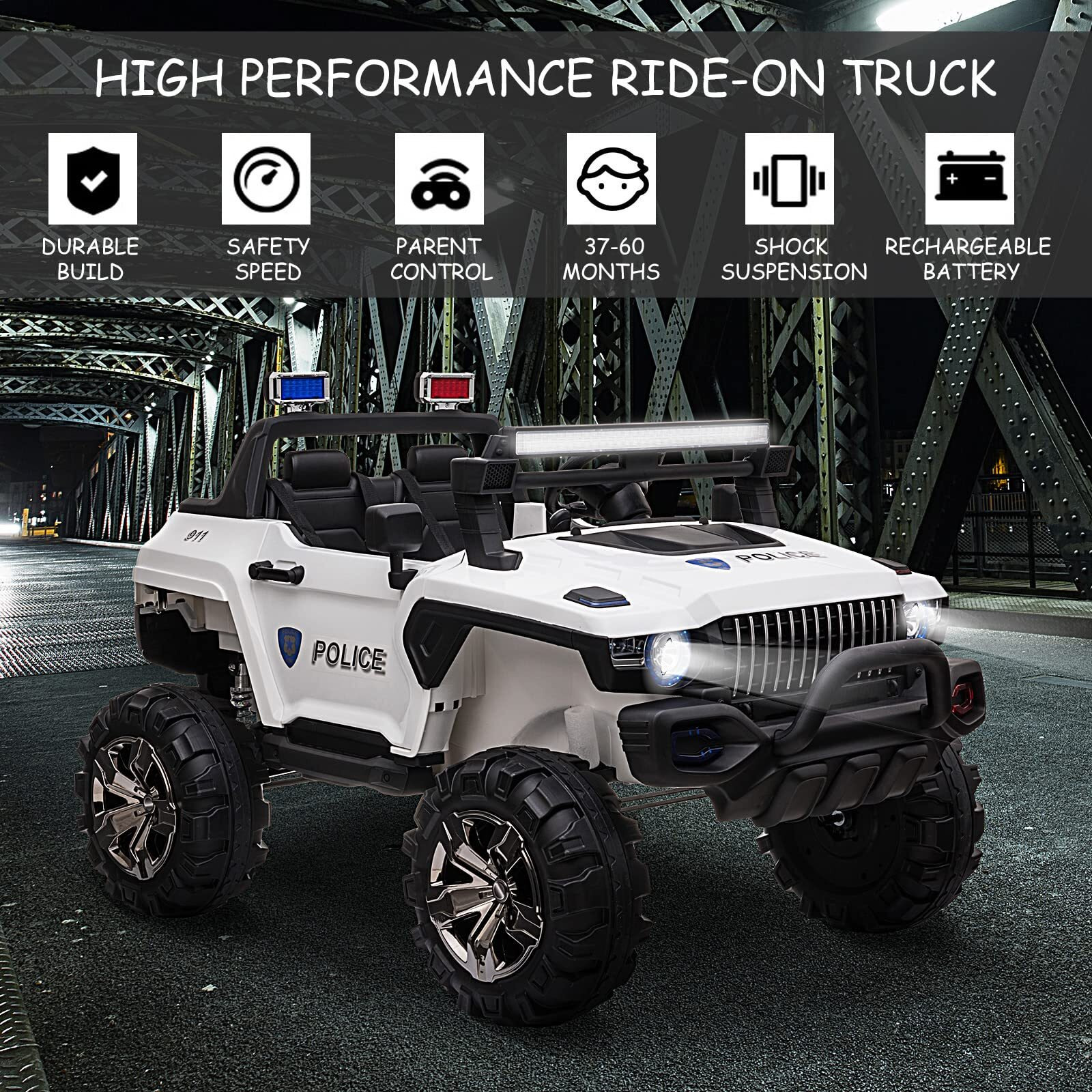 Aosom Big Size 53"" L 2-Seater 12V Police Car Ride-On Truck With Remote Control And Siren, Battery-Operated Electric Car For Kids With Suspension, Mp3 Player, Lights, Music, Horn, White