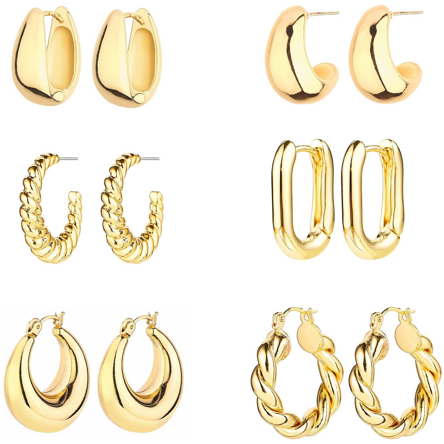 6 Pairs 14K Gold Hoop Earrings For Women Lightweight Chunky Hoop Earrings Multipack Hypoallergenic, Thick Open Twisted Huggie Hoops Earring Set Jewelry For Gifts. (Gold)