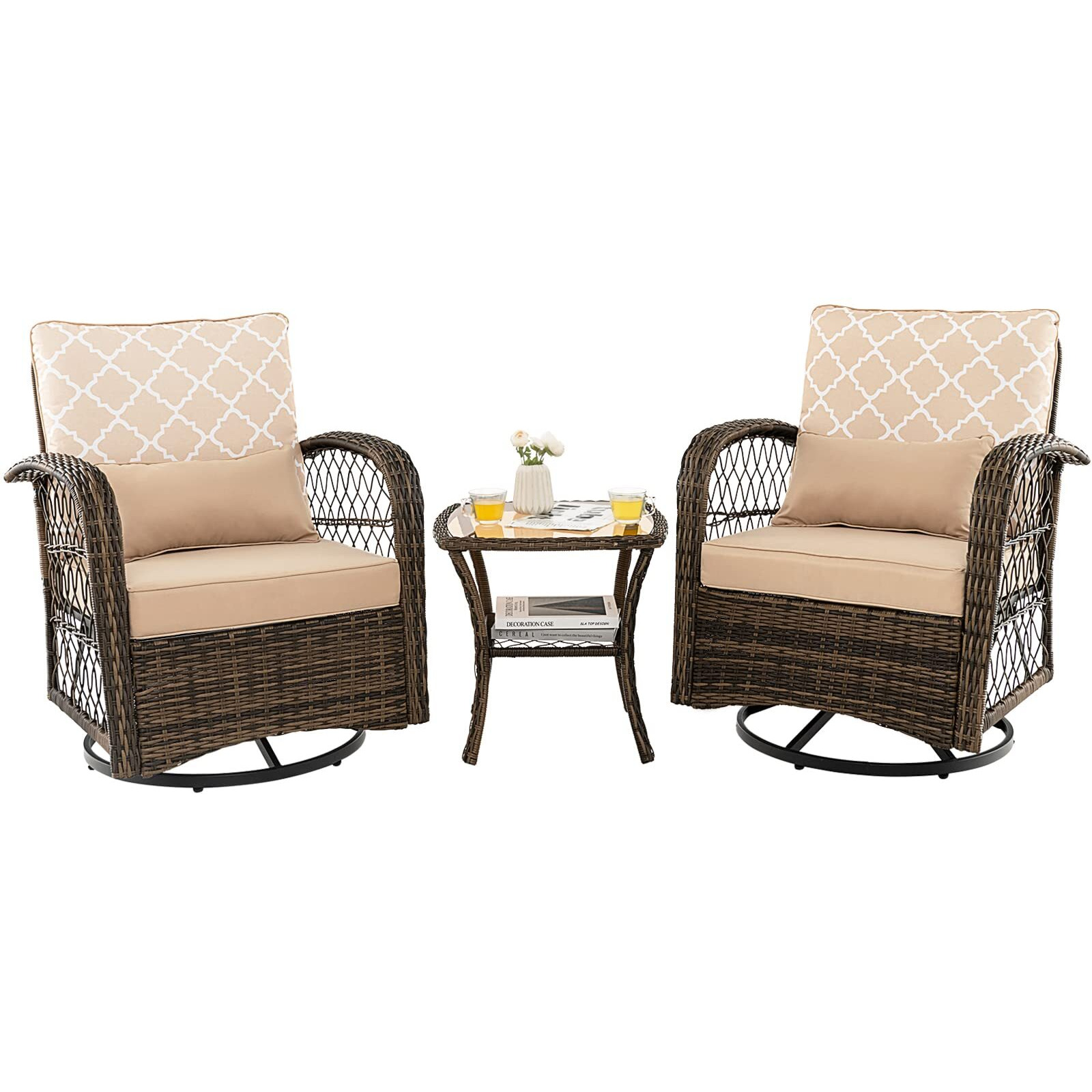 Tangkula 3-Piece Patio Swivel Rocker Set, Wicker Swivel Rocking Chairs W/Tempered Glass Coffee Table, 360 Swiveling & Smooth Rocking, Outdoor Rattan Rocking Set For Backyard, Balcony (Mix Brown)