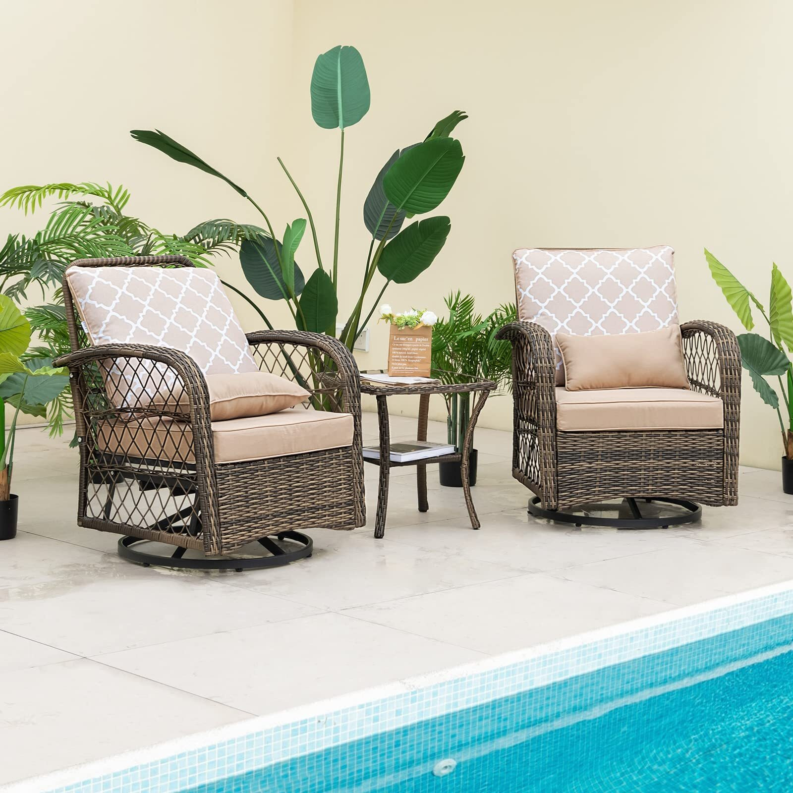 Tangkula 3-Piece Patio Swivel Rocker Set, Wicker Swivel Rocking Chairs W/Tempered Glass Coffee Table, 360 Swiveling & Smooth Rocking, Outdoor Rattan Rocking Set For Backyard, Balcony (Mix Brown)
