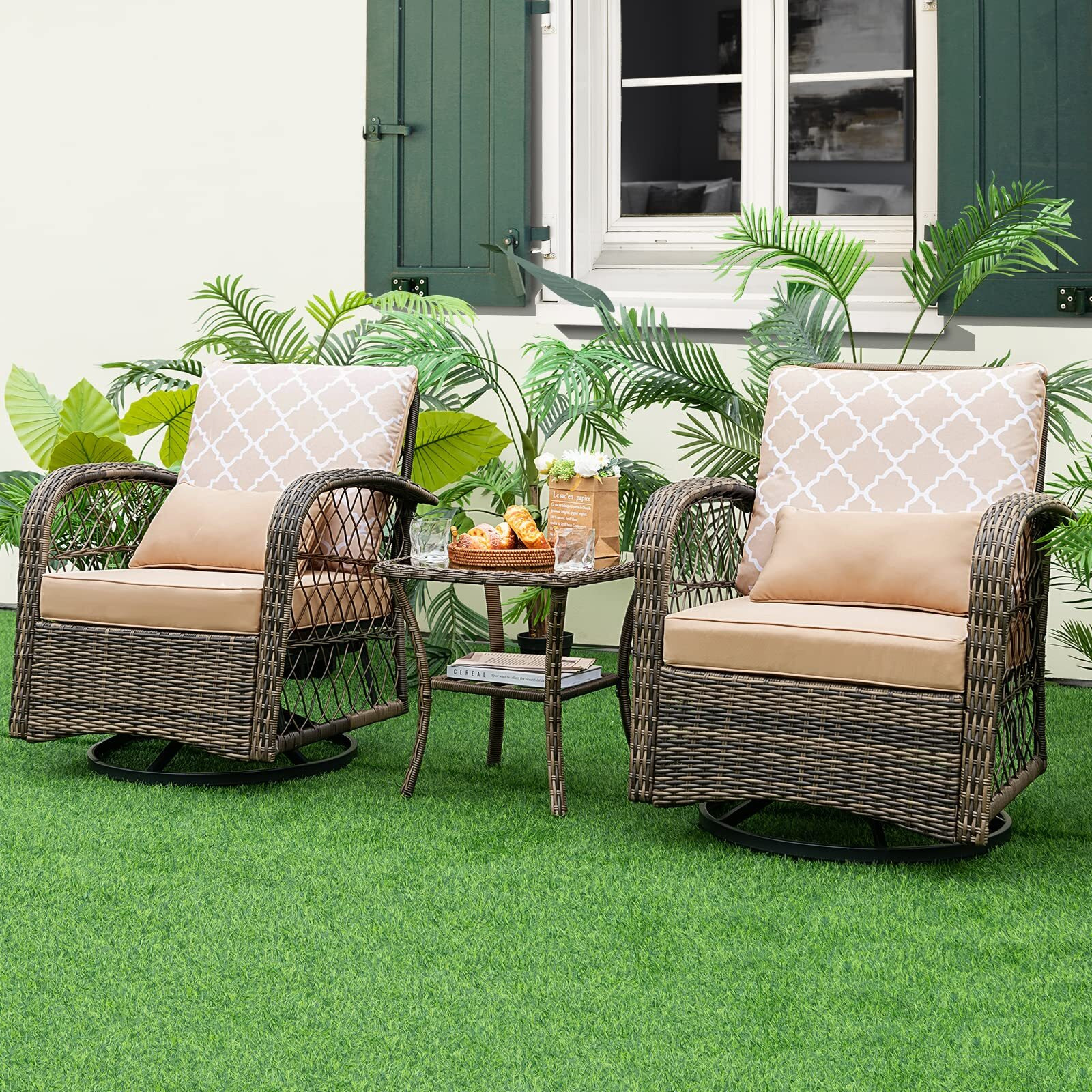 Tangkula 3-Piece Patio Swivel Rocker Set, Wicker Swivel Rocking Chairs W/Tempered Glass Coffee Table, 360 Swiveling & Smooth Rocking, Outdoor Rattan Rocking Set For Backyard, Balcony (Mix Brown)