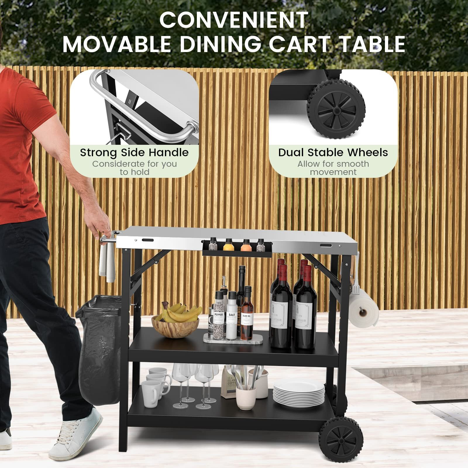 Goflame 3-Shelf Outdoor Grill Dining Cart, Movable Food Prep Cart Table With Adjustable Shelf, Stainless Steel Table Top, Kitchen Cart Island Table On 2 Wheels, Heavy Duty Bbq Flattop Worktable