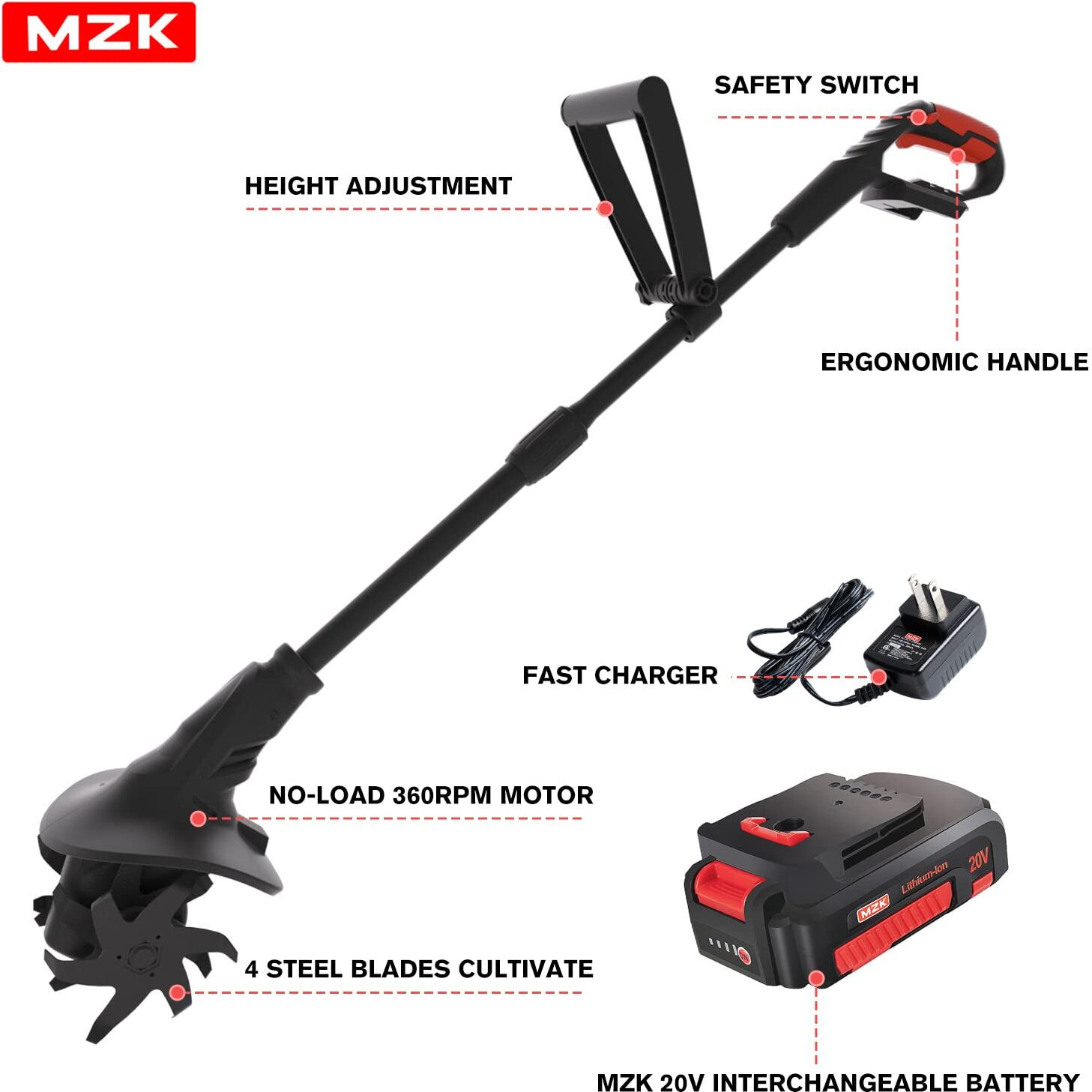 Mzk 20V Cordless Tiller Cultivator With 24 Steel Tines,7.8-Inch Wide Battery Powered Garden Cultivator, Mini Tiller For Gardening, (2Ah Battery And Charger Included)