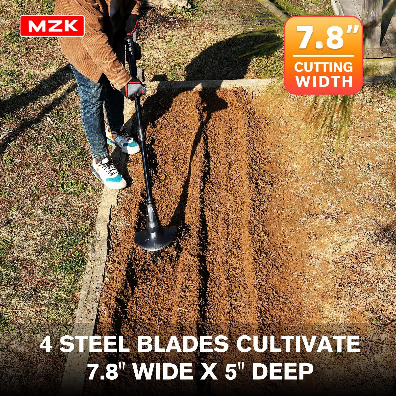 Mzk 20V Cordless Tiller Cultivator With 24 Steel Tines,7.8-Inch Wide Battery Powered Garden Cultivator, Mini Tiller For Gardening, (2Ah Battery And Charger Included)