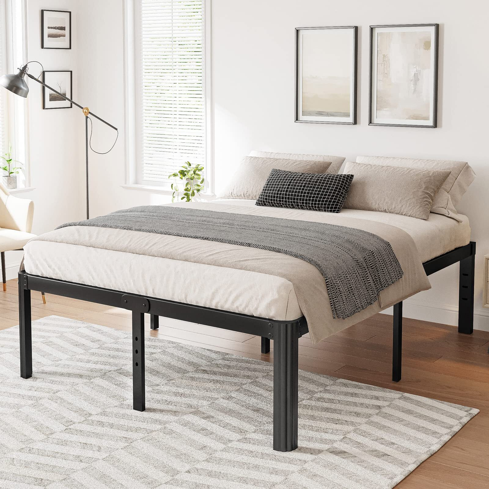 Hunlostten 14In High Queen Bed Frame No Box Spring Needed, Heavy Duty Metal Platform Bed Frame Queen Size With Round Corners, Easy Assembly, Noise Free, Black