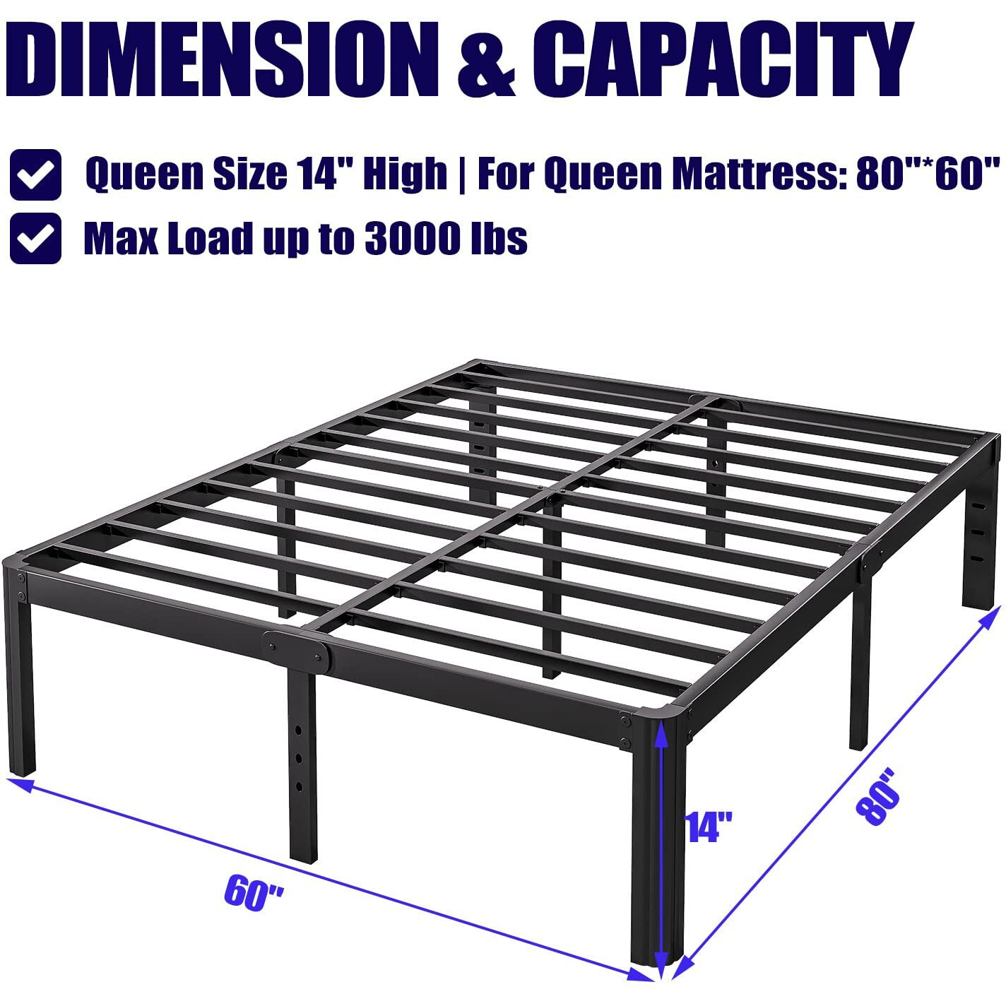 Hunlostten 14In High Queen Bed Frame No Box Spring Needed, Heavy Duty Metal Platform Bed Frame Queen Size With Round Corners, Easy Assembly, Noise Free, Black