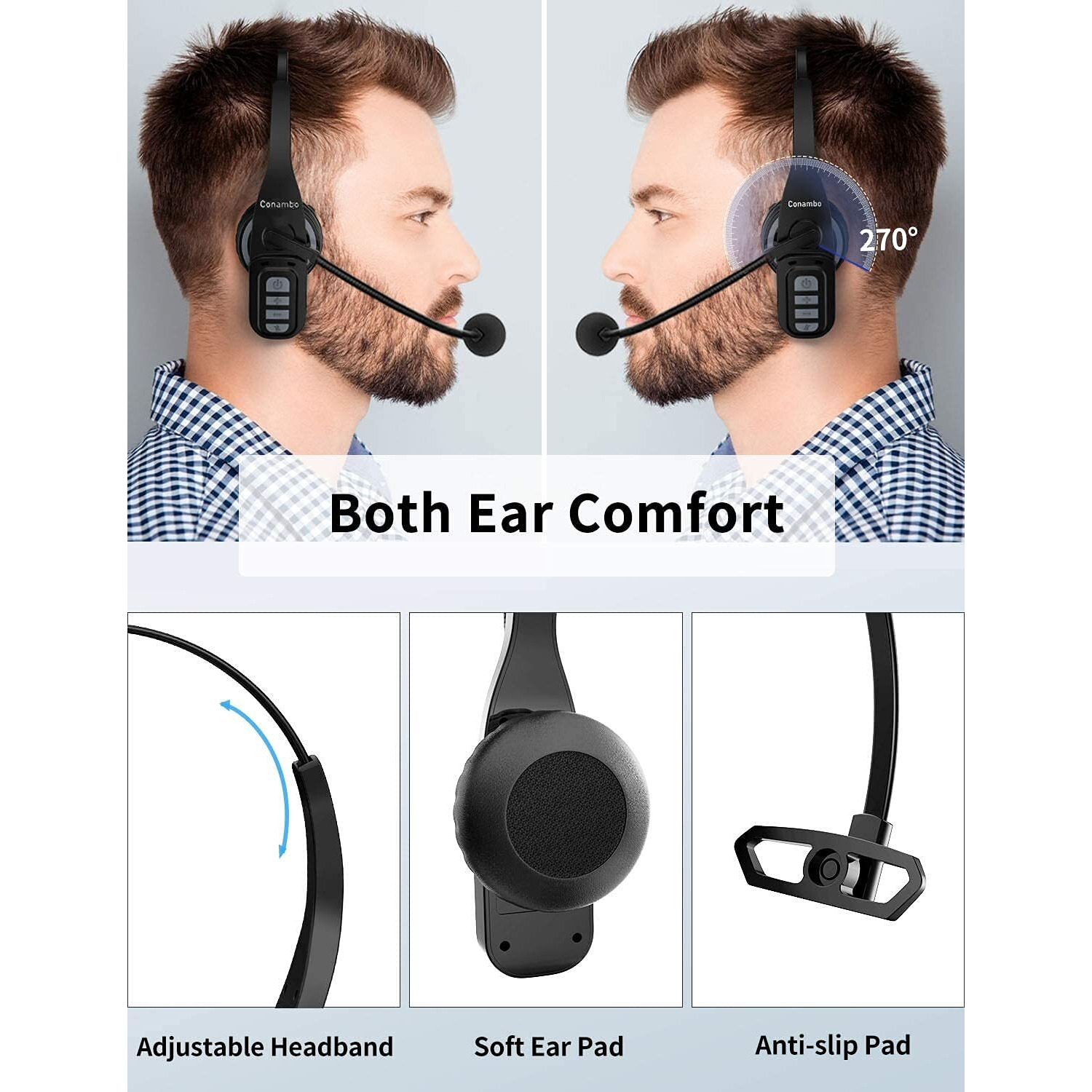 Conambo Trucker Bluetooth Headset 5.0 With Microphone Noise Cancelling Wireless Phone Headset 22Hrs Talktime Mute Button Bluetooth Headphones For Cell Phones Business Home Office Trucker
