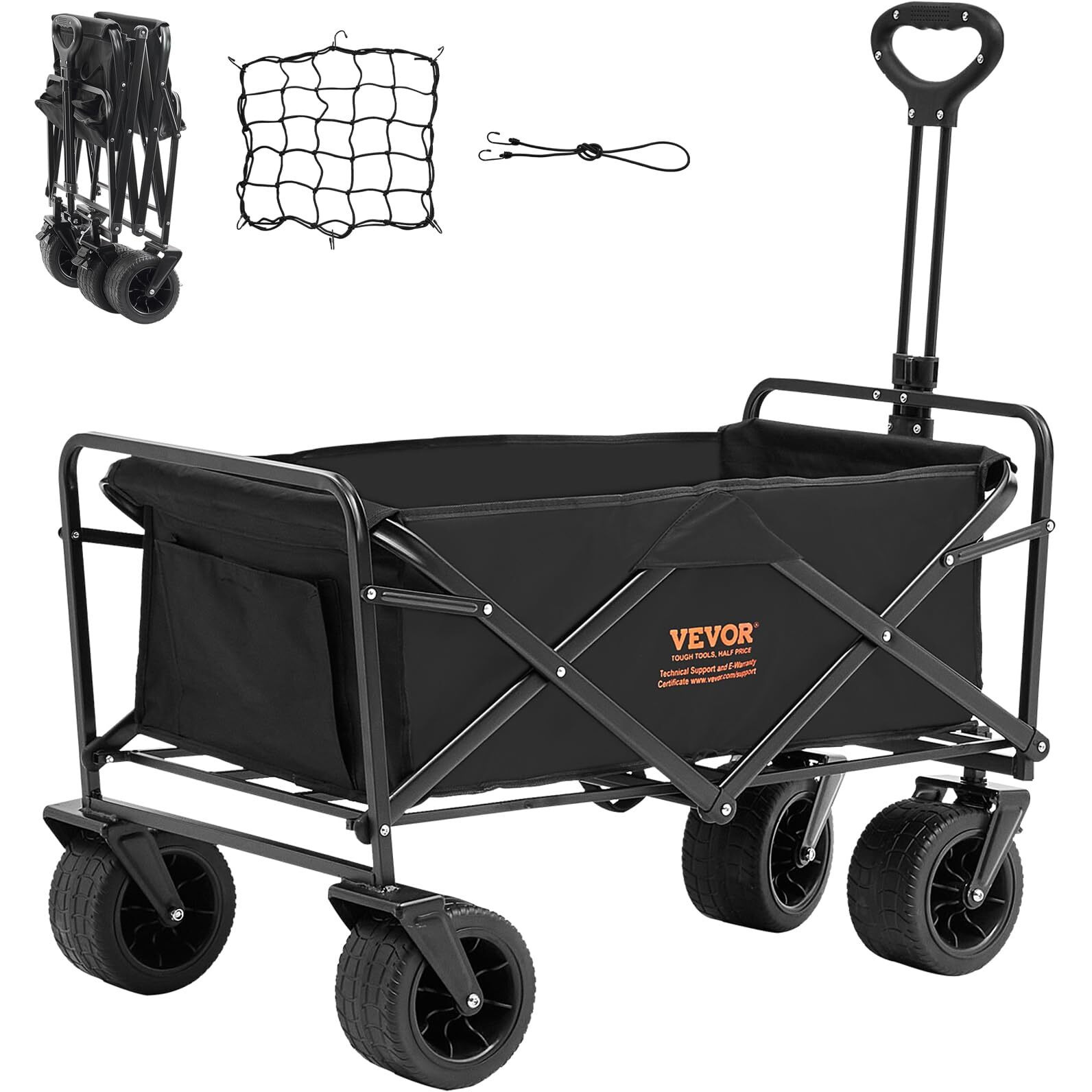 Vevor 350Lbs Collapsible Foldable Wagon Cart, Heavy Duty Foldable Utility Beach Wagon With Big Wheels, Portable Garden Cart Grocery Wagon Camping Wagon With All Terrain Wheels And Drink Holder
