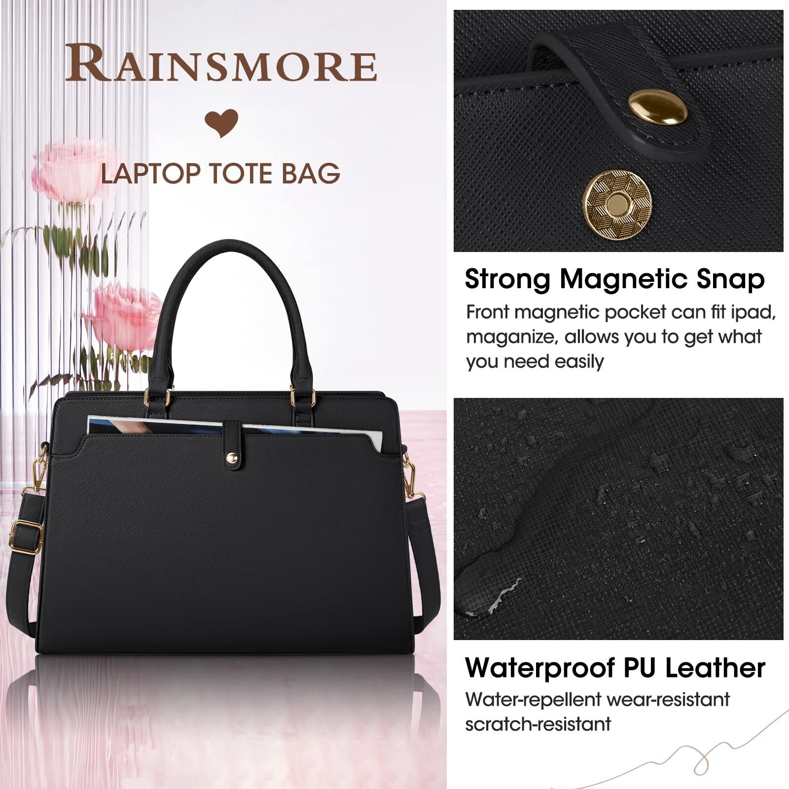 Laptop Bag For Women 15.6 Inch Laptop Tote Bag Leather Work Bag Waterproof Briefcase Business Office Computer Bag Large Capacity Handbag Shoulder Bag Black
