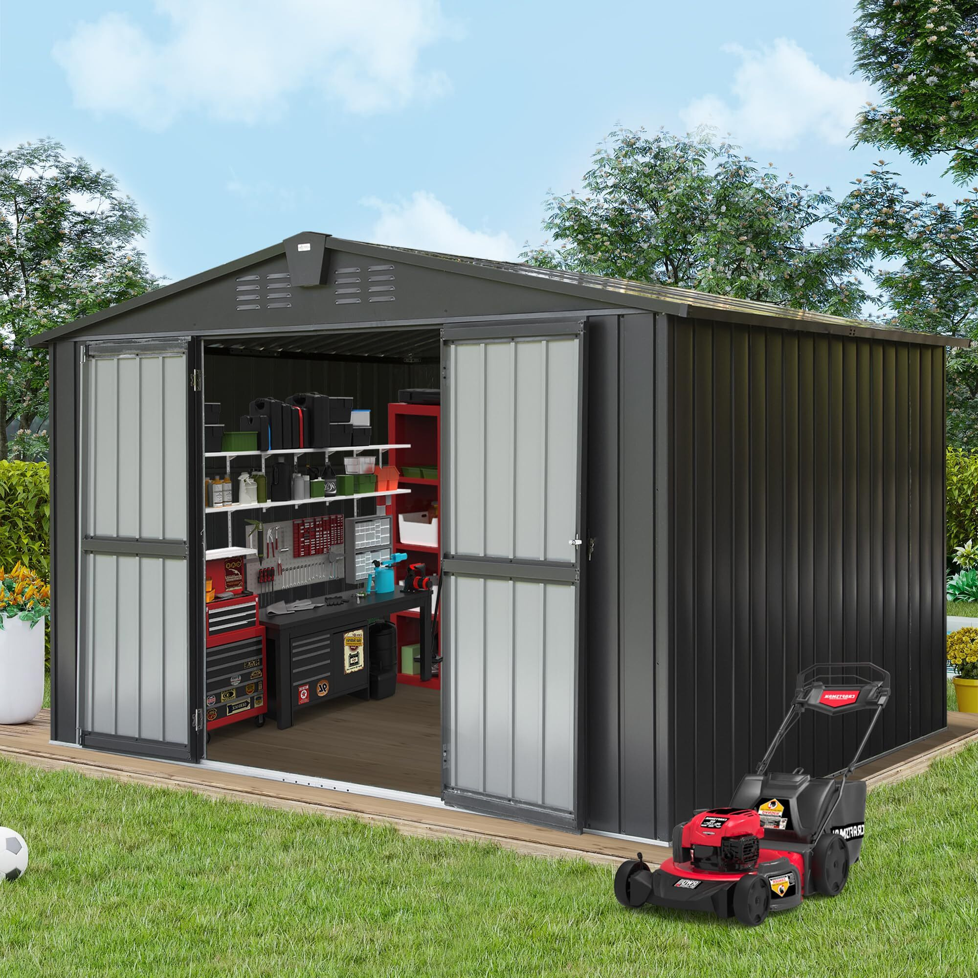 Domi Outdoor Storage Shed 10X8 Ft, Metal Tool Sheds Storage House With Lockable Double Door,Large Bike Shed Waterproof For Garden,Backyard,Lawn Dark Grey