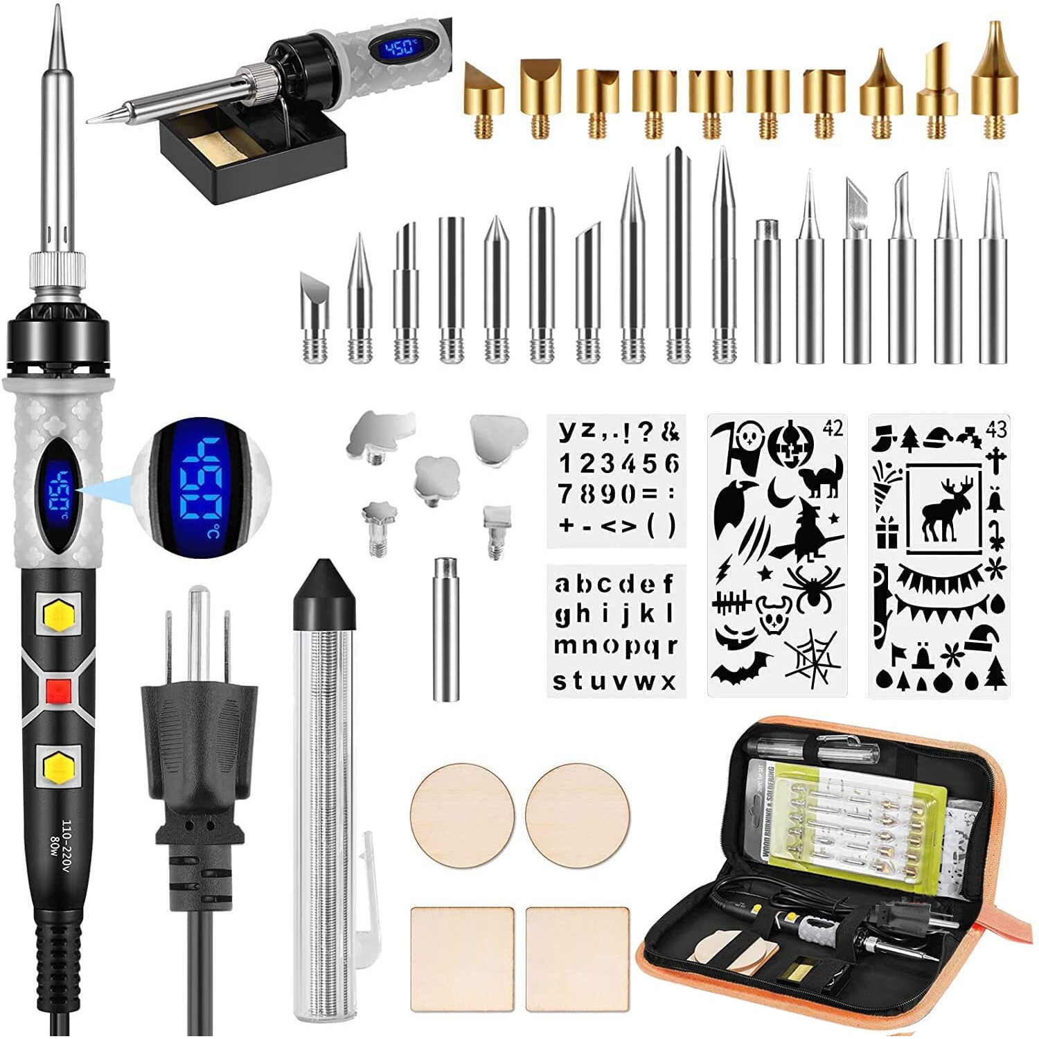 Pyrography Pen Kit 43Pcs, Soldering Iron Kit, Wood Burning Kit 80W With Adjustable Temperature 200~450, Diy Tool Set For Embossing/Carving/Soldering/Pyrography