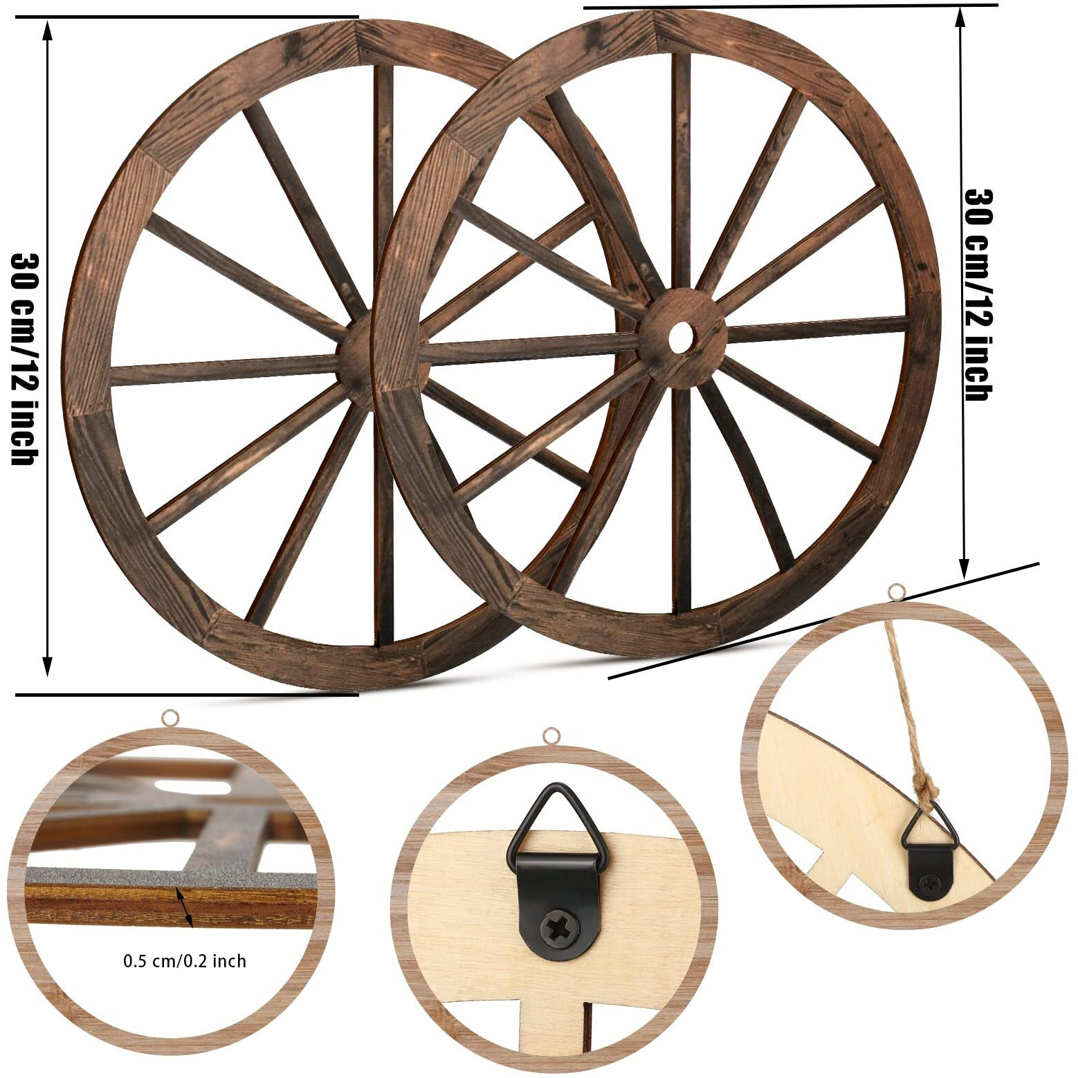 2 Pcs Wagon Wheel Decor Wooden Western Cowboy Party Decorations Vintage Rustic Wagon Wheel Wood Cartwheel Decor For Bar Garage Indoor Outdoor (Brown,12 Inch)