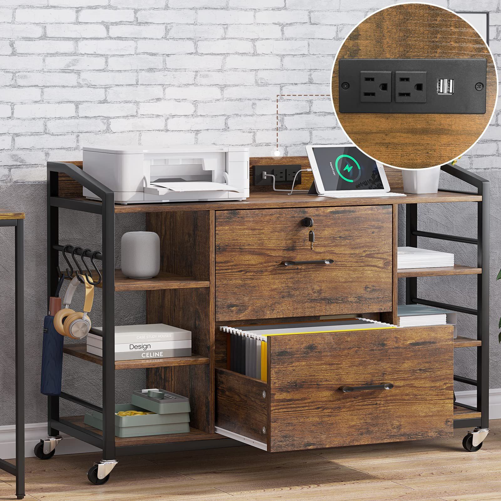 Sedeta 44 "" File Cabinet, Filing Cabinet Fits Legal/Letter Size, 2 Drawer File Cabinets For Home Office With Lock, Power Strip, 6 Storage Shelves, Rustic Brown