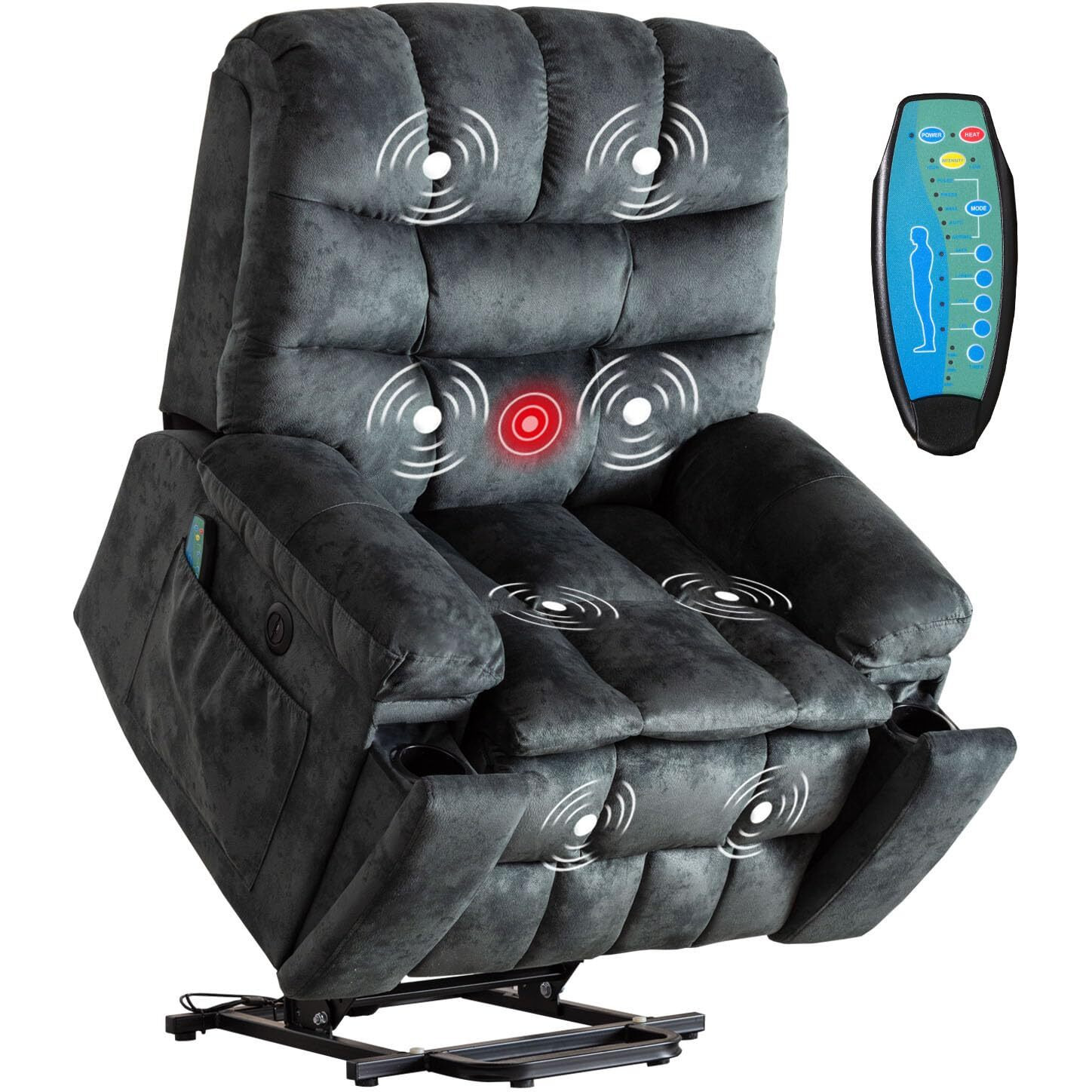 Phoenix Home Power Lift Chair With Massage And Heat For Elderly Recliner, Green Grey