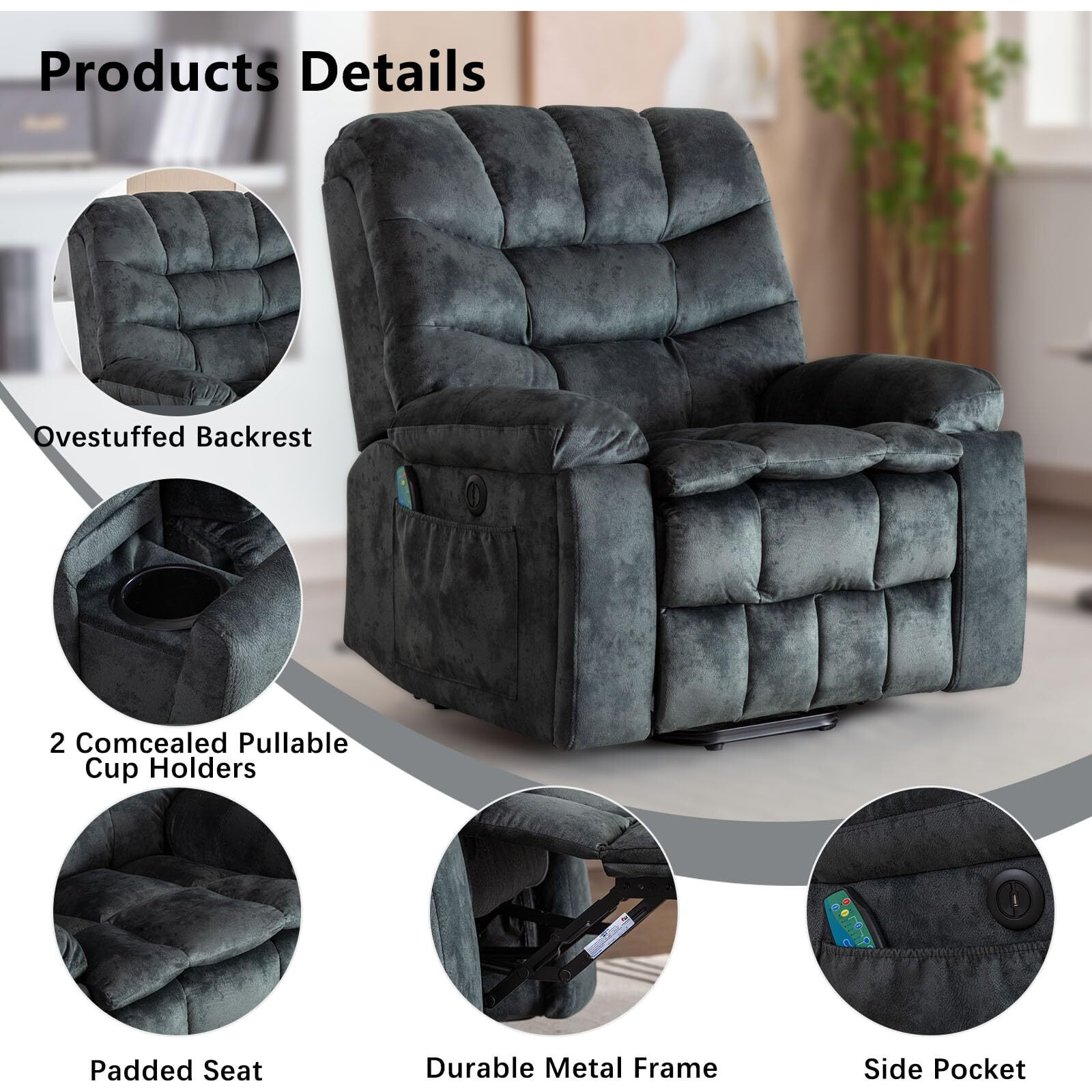 Phoenix Home Power Lift Chair With Massage And Heat For Elderly Recliner, Green Grey