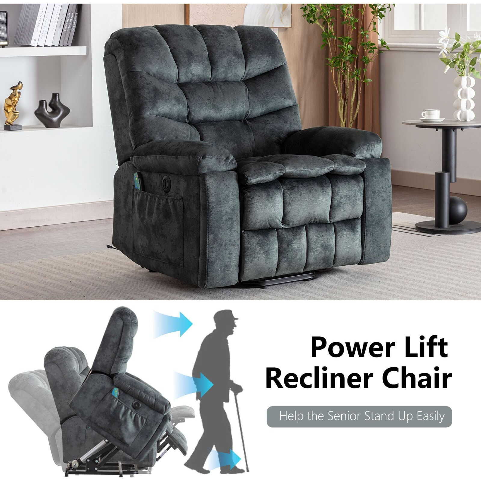 Phoenix Home Power Lift Chair With Massage And Heat For Elderly Recliner, Green Grey
