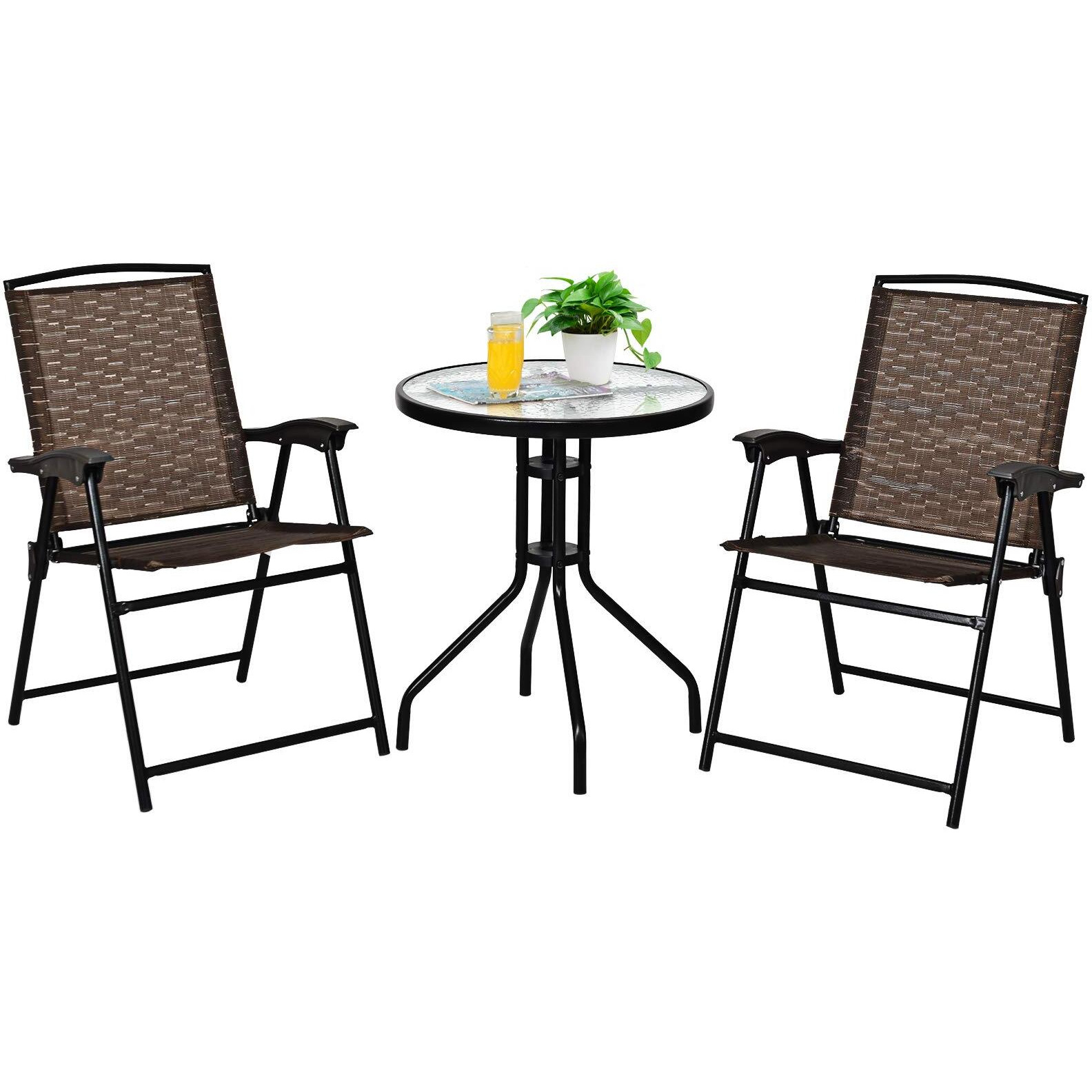 Kotek Patio Bistro Set, 3 Piece Outdoor Furniture Set W/Round Table & 2 Folding Chairs, Tempered Glass Tabletop, Bistro Table And Chairs For Balcony, Porch, Courtyard, Brown