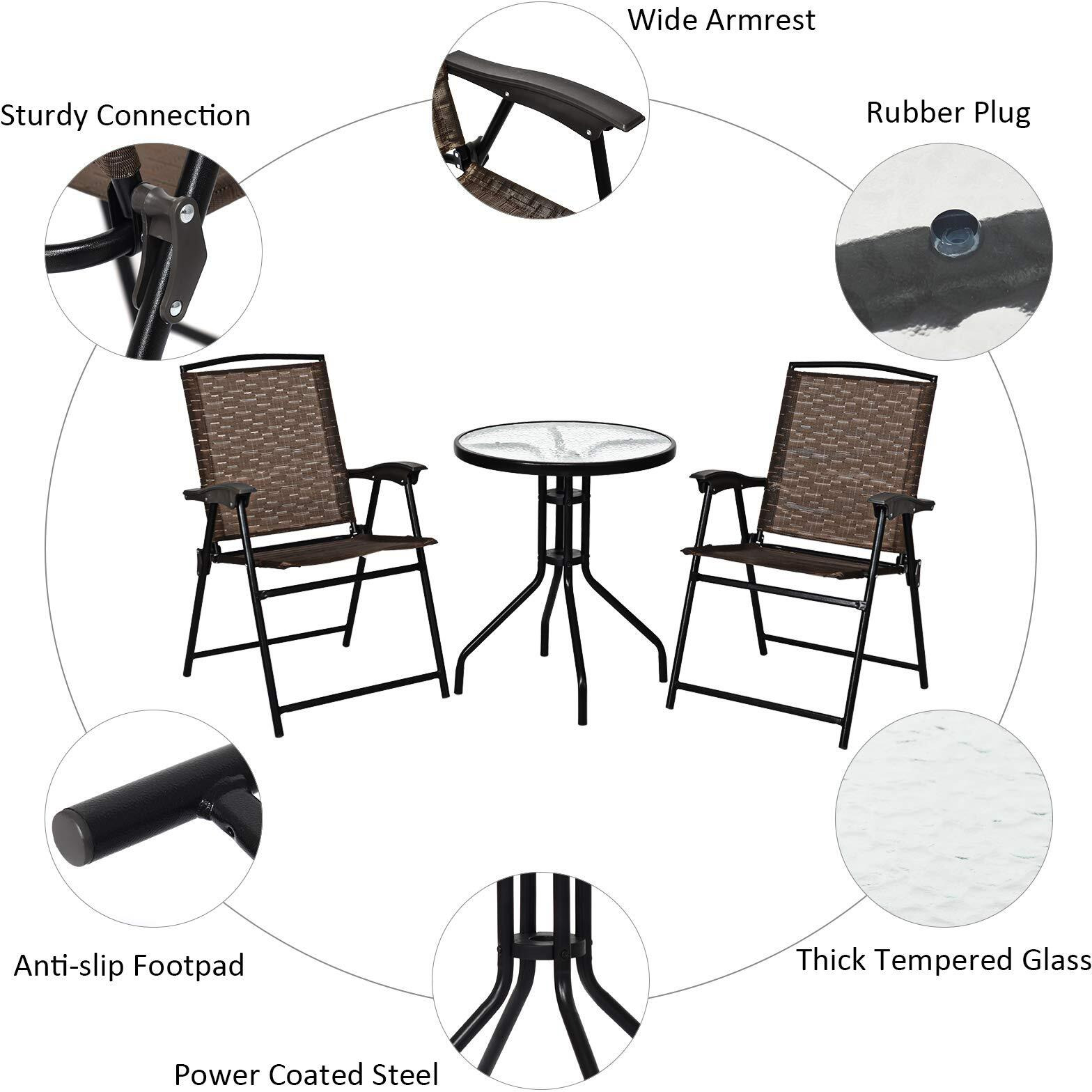 Kotek Patio Bistro Set, 3 Piece Outdoor Furniture Set W/Round Table & 2 Folding Chairs, Tempered Glass Tabletop, Bistro Table And Chairs For Balcony, Porch, Courtyard, Brown