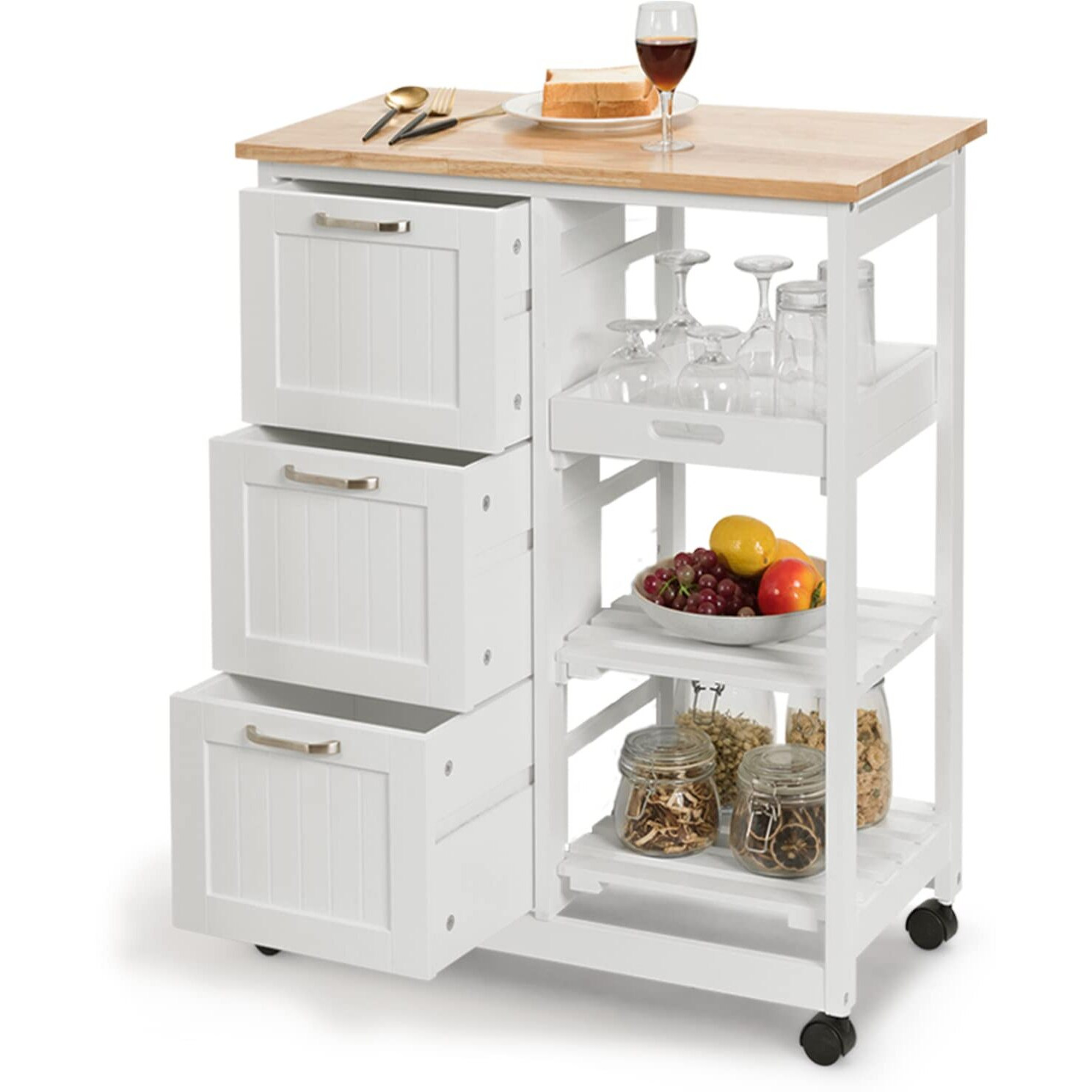 Giantex Kitchen Island Cart, Home Bar Serving Cart, Kitchen Trolley With 3 Large Drawers, Storage Shelf And 3 Tier Shelves, Rolling Storage Cabinet, Mobile Cart (White)