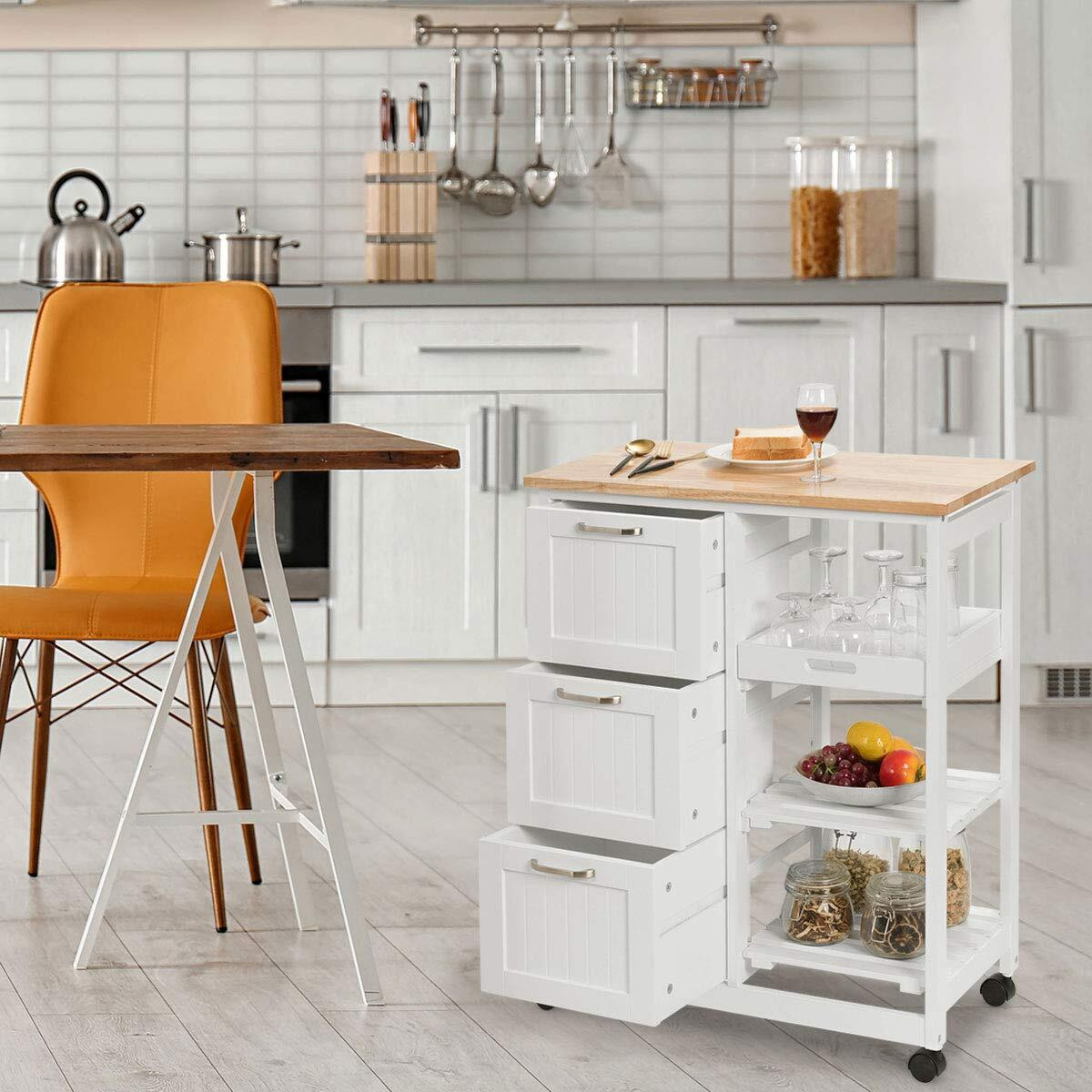 Giantex Kitchen Island Cart, Home Bar Serving Cart, Kitchen Trolley With 3 Large Drawers, Storage Shelf And 3 Tier Shelves, Rolling Storage Cabinet, Mobile Cart (White)