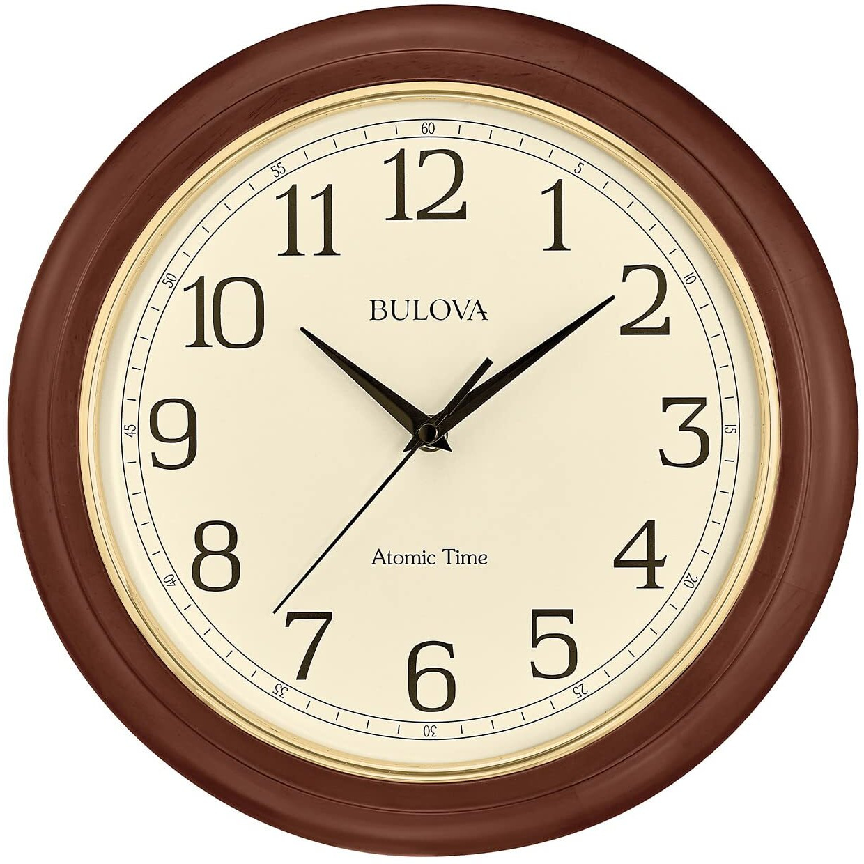 Bulova Wooden Atomic Analog Wall Clock, C5004 Atomic Time 2, Sets Automatically, Quartz Battery