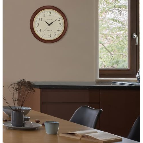 Bulova Wooden Atomic Analog Wall Clock, C5004 Atomic Time 2, Sets Automatically, Quartz Battery