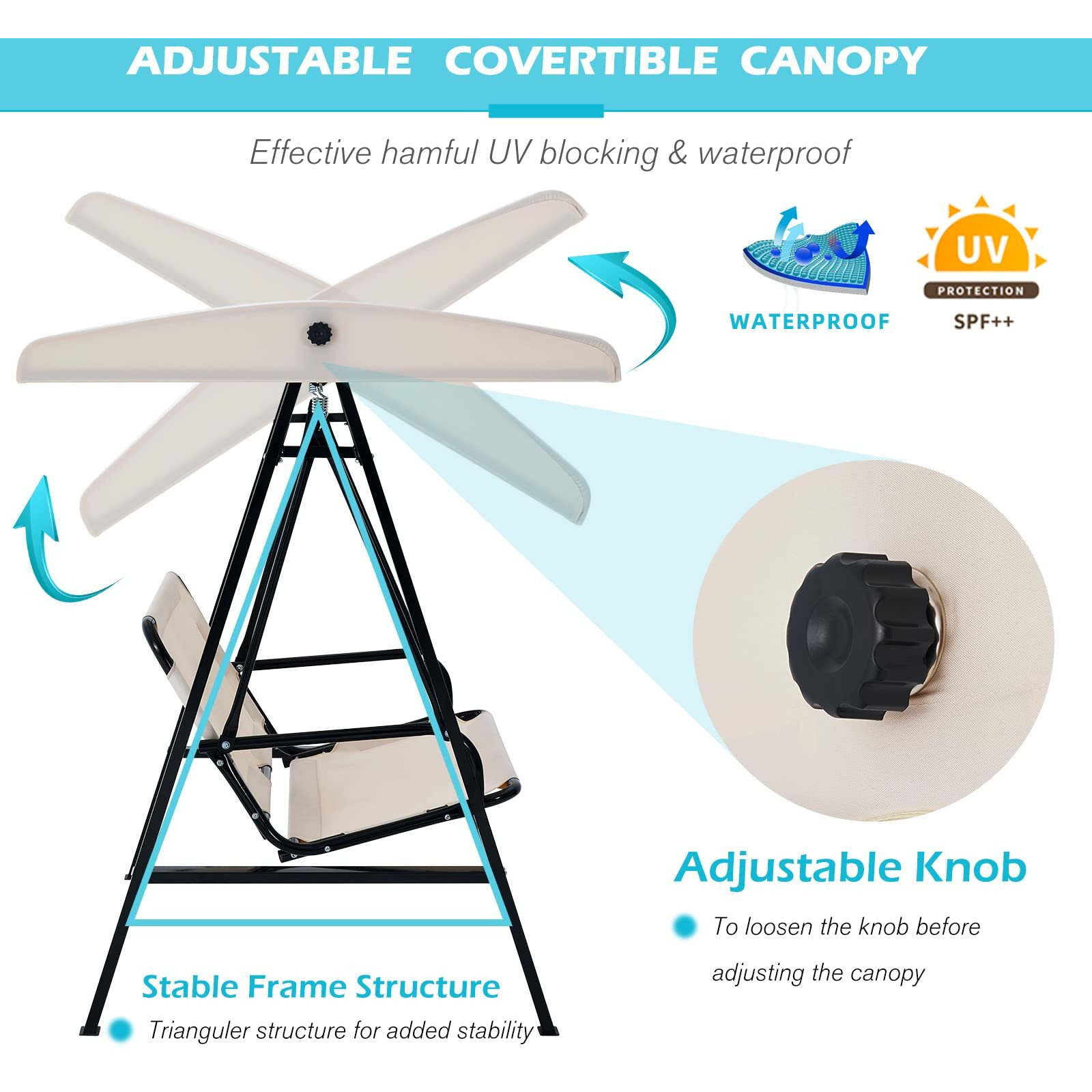 Aecojoy Outdoor Patio Swing Chair For Adults, 2-Seat Porch Swings With Adjustable Canopy, Outside Swing Bench With Removable Cushion, Suitable For Backyard, Garden, Yard, Poolside, Balcony (Beige)