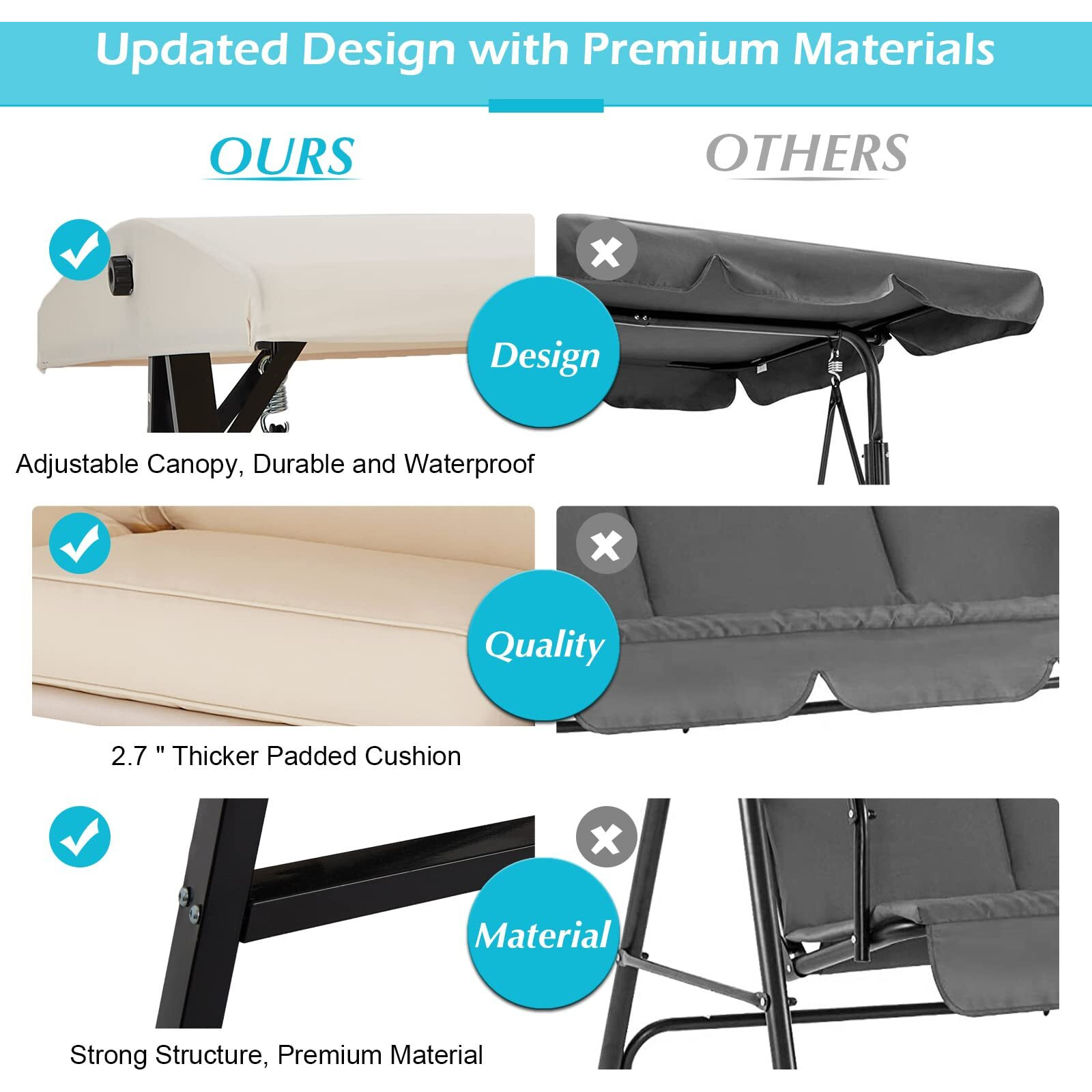 Aecojoy Outdoor Patio Swing Chair For Adults, 2-Seat Porch Swings With Adjustable Canopy, Outside Swing Bench With Removable Cushion, Suitable For Backyard, Garden, Yard, Poolside, Balcony (Beige)