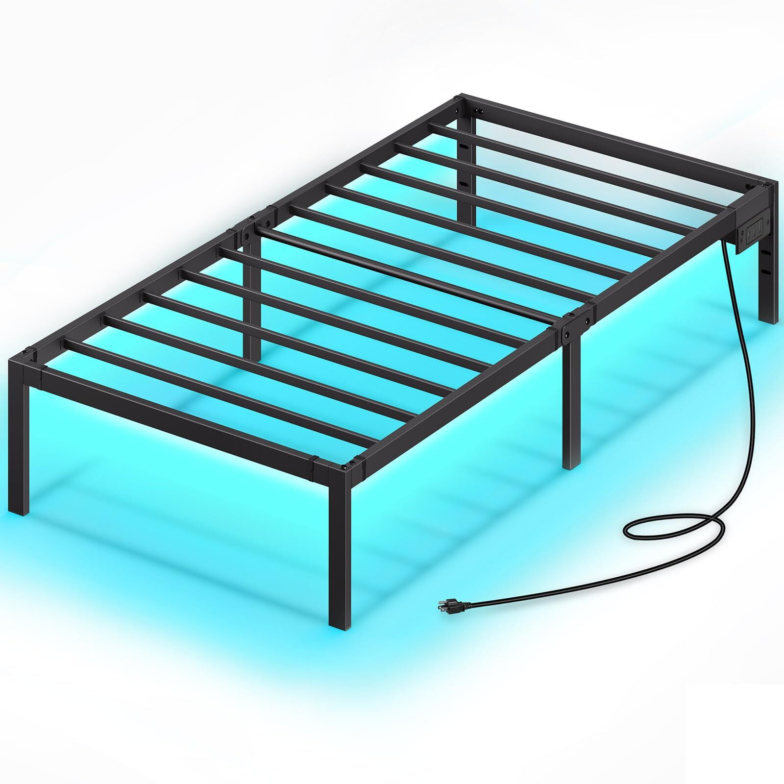 Rolanstar Bed Frame With Usb Charging Station, Twin Bed Frame With Led Lights, Platform Bed Frame With Heavy Duty Steel Slats, 14"" Storage Space Beneath Bed