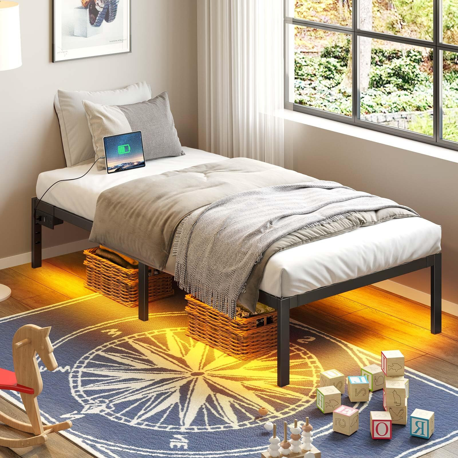 Rolanstar Bed Frame With Usb Charging Station, Twin Bed Frame With Led Lights, Platform Bed Frame With Heavy Duty Steel Slats, 14"" Storage Space Beneath Bed