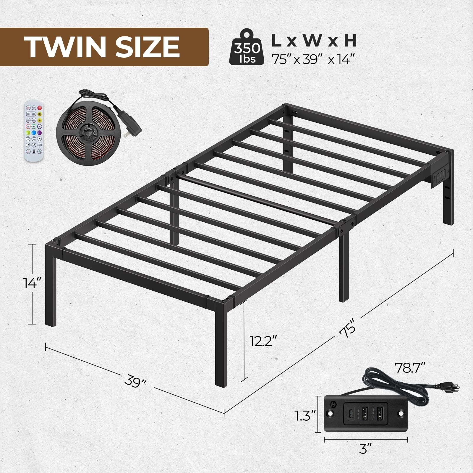 Rolanstar Bed Frame With Usb Charging Station, Twin Bed Frame With Led Lights, Platform Bed Frame With Heavy Duty Steel Slats, 14"" Storage Space Beneath Bed