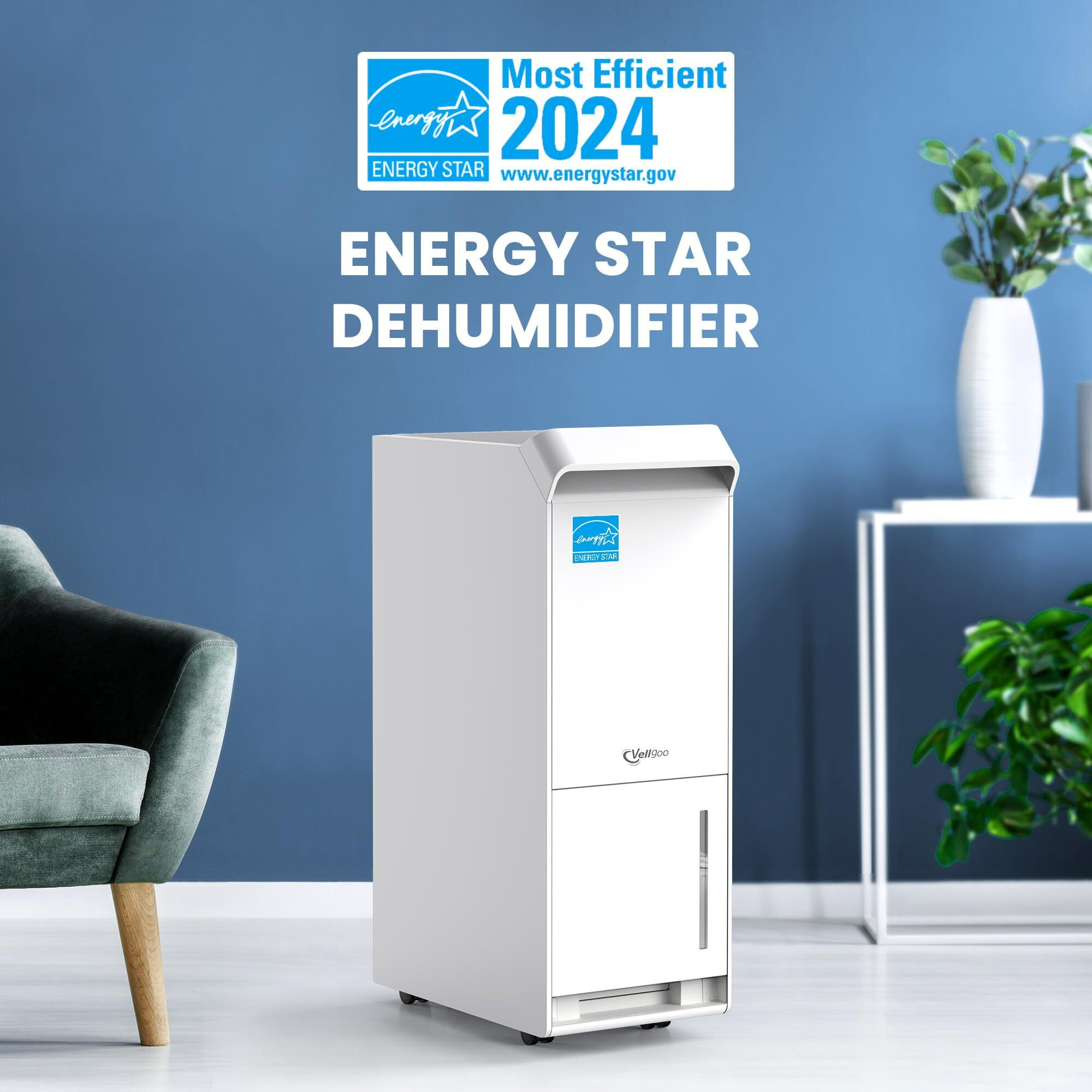 Vellgoo 4,500 Sq.Ft Energy Star Dehumidifier For Basement With Drain Hose, 52 Pint Drytank Series Dehumidifiers For Home Large Room, Intelligent Humidity Control