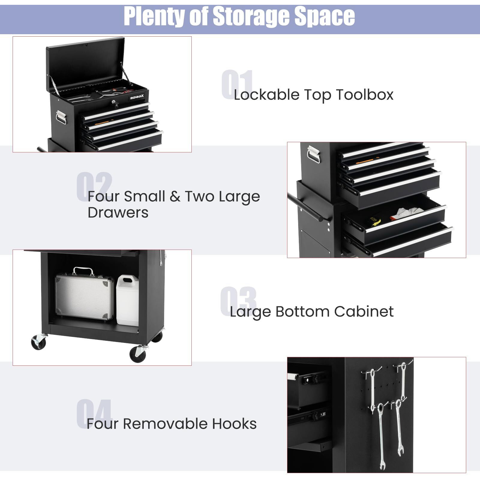Ironmax Rolling Tool Chest, 6-Drawer Lockable Tool Cabinet W/ 4 Universal Wheels, 2 In 1 Detachable Tool Box Storage Organizer For Garage Workshop Repair Shop (6-Drawer, Black)
