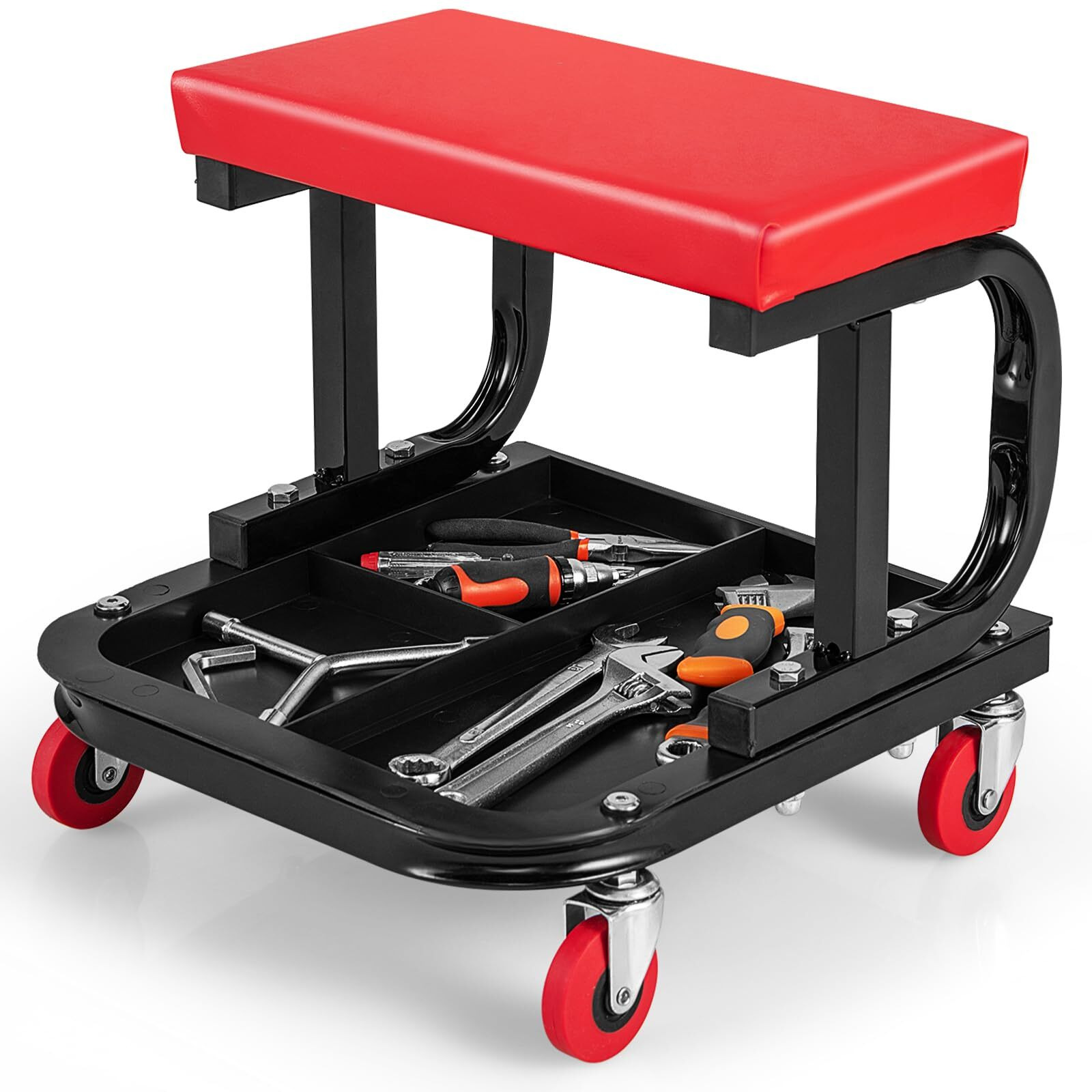 Ironmax Rolling Creeper Seat, Garage Shop Stool On Wheels With Padded Seat & Tool Tray Storage, 330 Lbs Capacity, Heavy Duty Mechanic Stool Chair Car Detailing Creeper For Workshop, Home