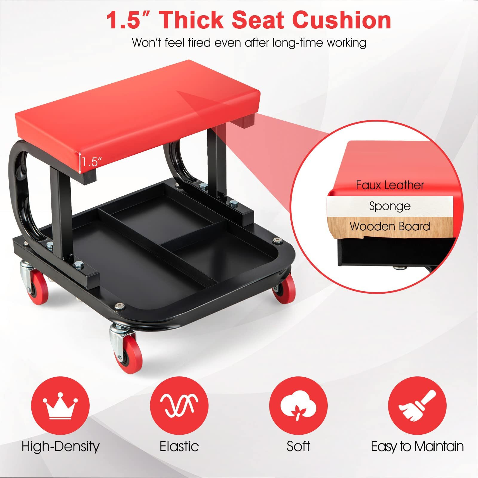 Ironmax Rolling Creeper Seat, Garage Shop Stool On Wheels With Padded Seat & Tool Tray Storage, 330 Lbs Capacity, Heavy Duty Mechanic Stool Chair Car Detailing Creeper For Workshop, Home