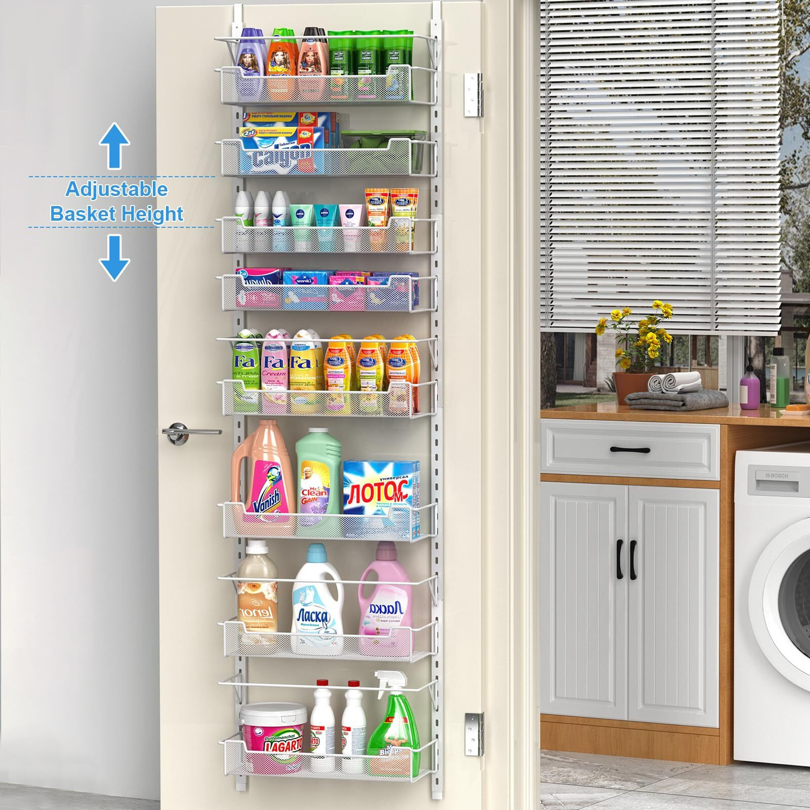Vygrow Over The Door Pantry Organizer, 8-Tier Over The Door Organizer With Adjustable Basket, Pantry Door Organization For Pantry Kitchen Storage Room Spice Rack, White