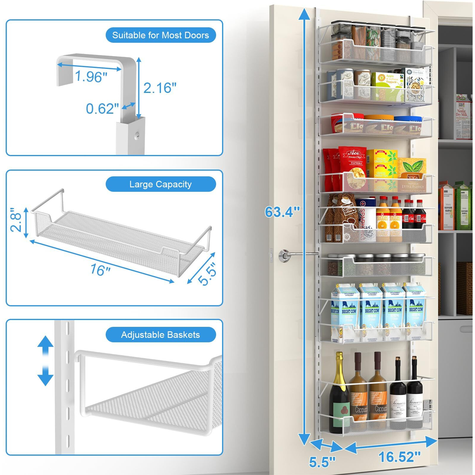 Vygrow Over The Door Pantry Organizer, 8-Tier Over The Door Organizer With Adjustable Basket, Pantry Door Organization For Pantry Kitchen Storage Room Spice Rack, White