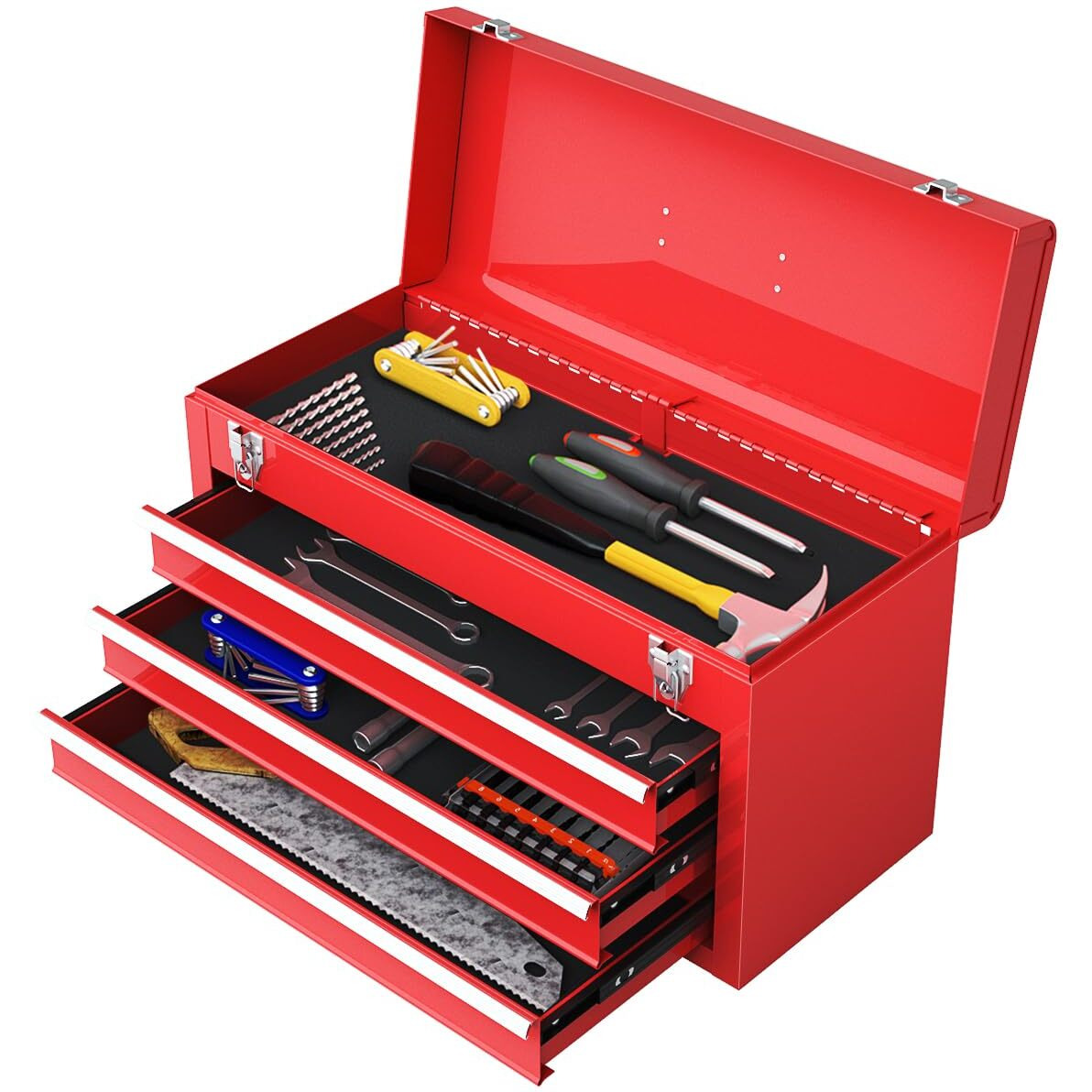 Ironmax Portable Tool Box, 20.5 Lockable Steel Tool Chest Cabinet W/Comfortable Handle & 3 Drawers, Heavy Duty Storage Toolbox Tool Organizer For Garage, Warehouse, Home, Red