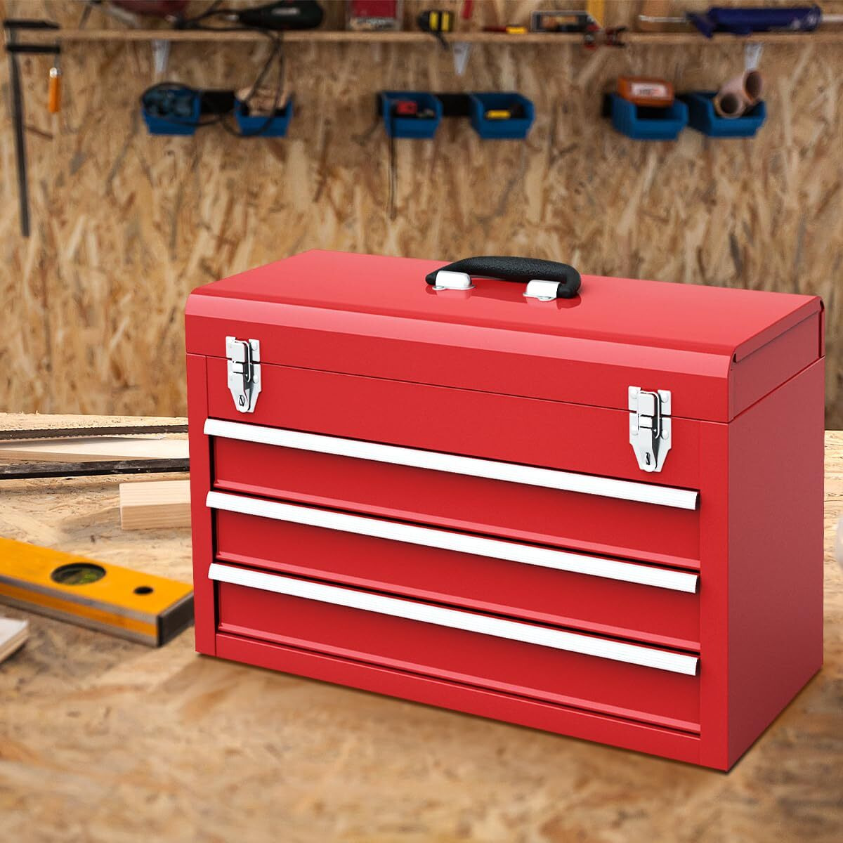 Ironmax Portable Tool Box, 20.5 Lockable Steel Tool Chest Cabinet W/Comfortable Handle & 3 Drawers, Heavy Duty Storage Toolbox Tool Organizer For Garage, Warehouse, Home, Red