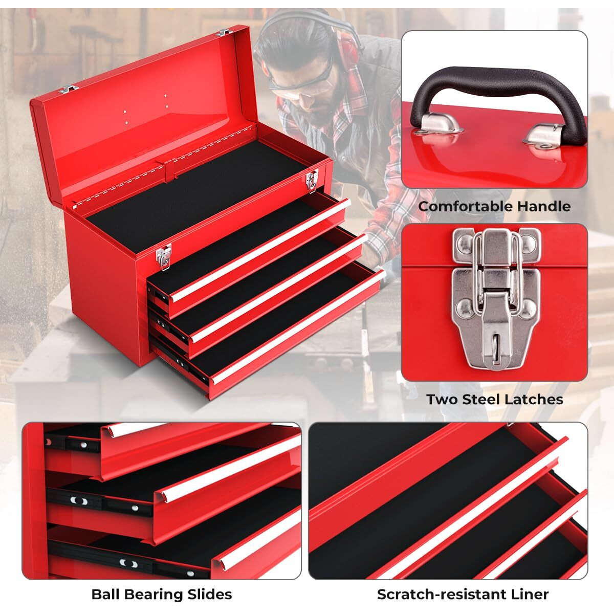 Ironmax Portable Tool Box, 20.5 Lockable Steel Tool Chest Cabinet W/Comfortable Handle & 3 Drawers, Heavy Duty Storage Toolbox Tool Organizer For Garage, Warehouse, Home, Red