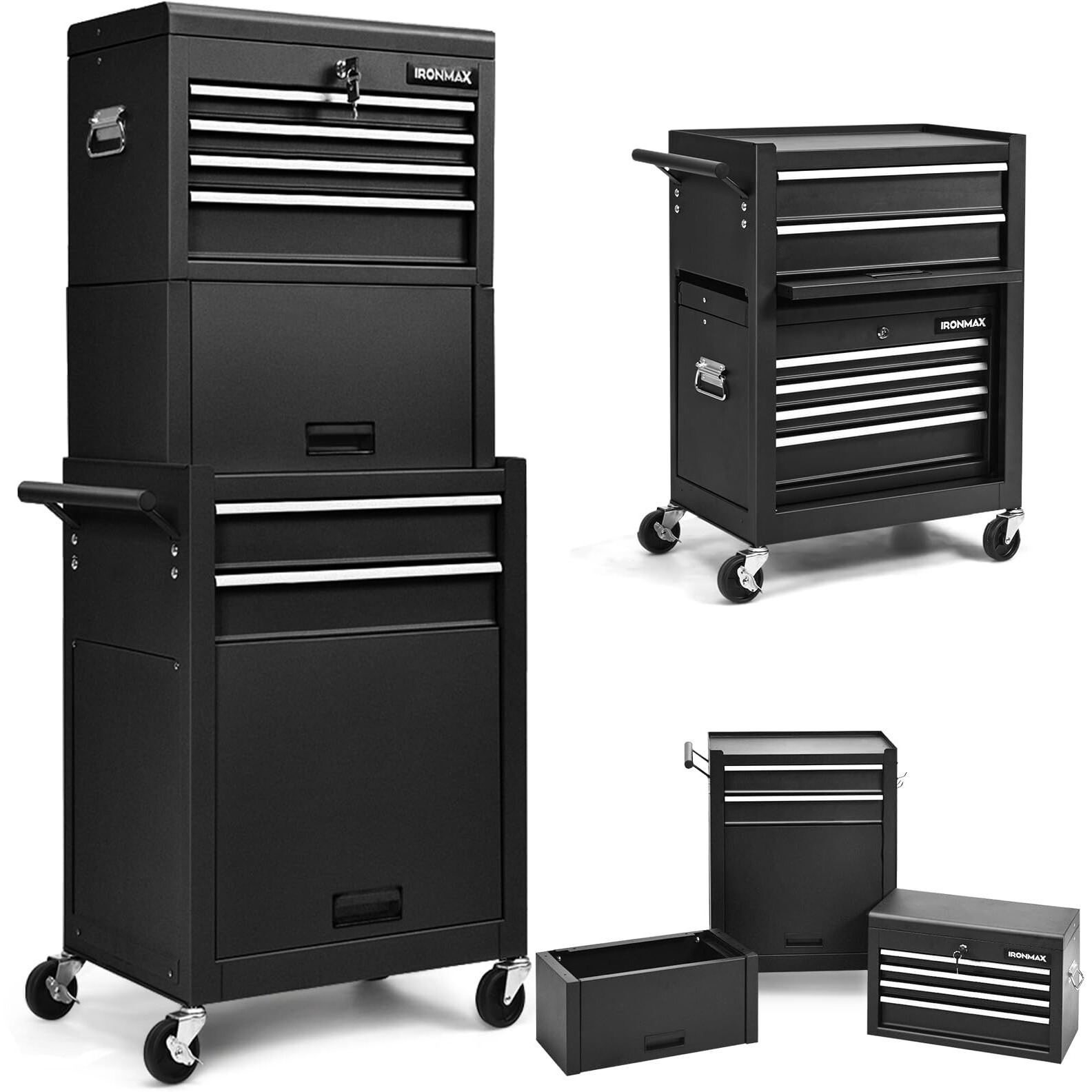 Ironmax Tool Cabinet On Wheels, 6-Drawer Lockable Rolling Tool Chest W/ 4 Universal Wheels, 2 In 1 Detachable Tool Box Storage Organizer For Garage Workshop Repair Shop, Black