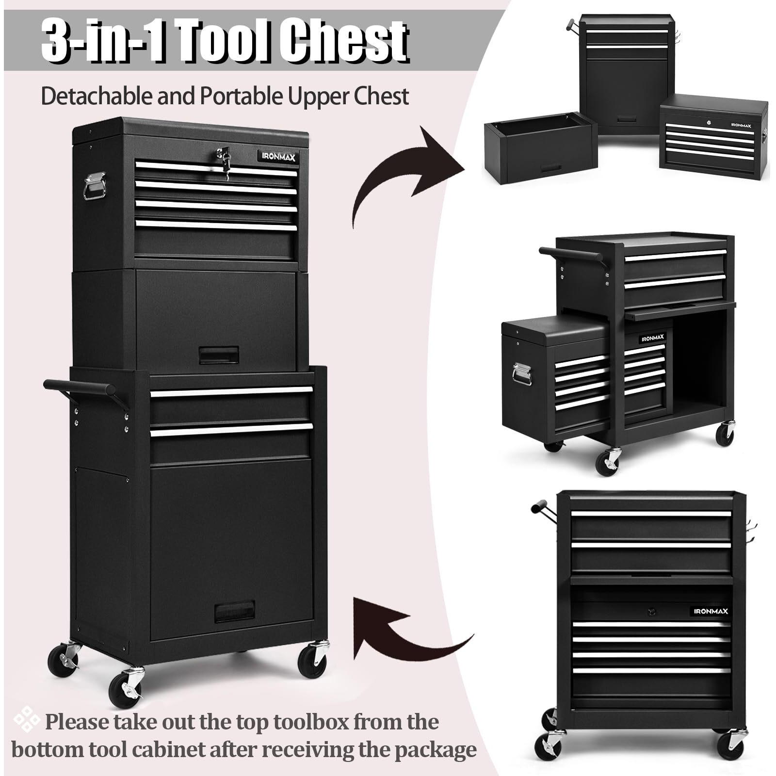 Ironmax Tool Cabinet On Wheels, 6-Drawer Lockable Rolling Tool Chest W/ 4 Universal Wheels, 2 In 1 Detachable Tool Box Storage Organizer For Garage Workshop Repair Shop, Black
