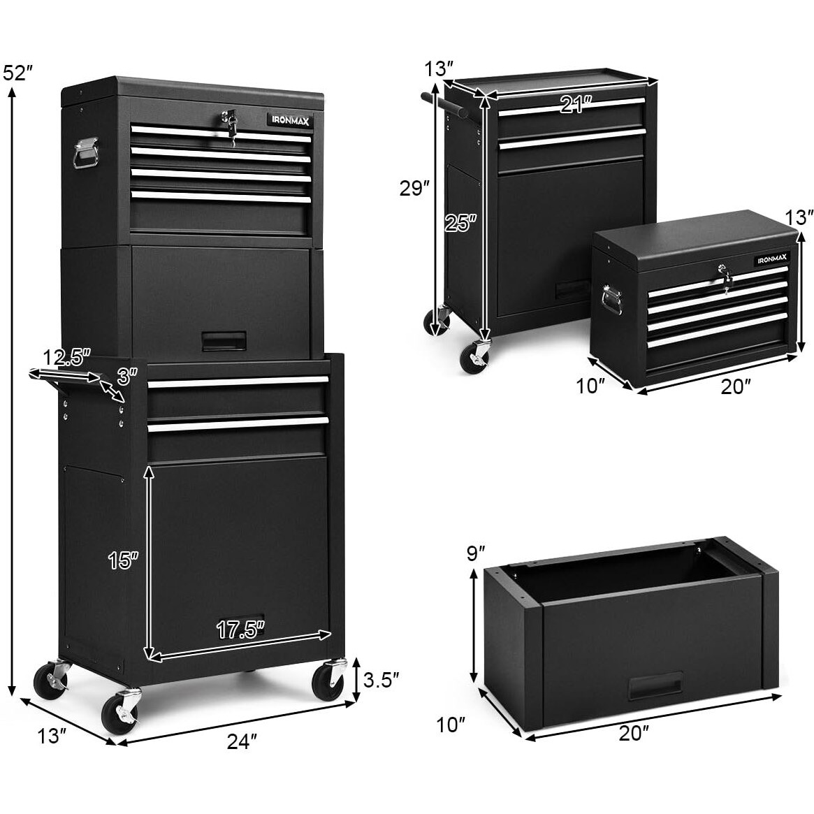 Ironmax Tool Cabinet On Wheels, 6-Drawer Lockable Rolling Tool Chest W/ 4 Universal Wheels, 2 In 1 Detachable Tool Box Storage Organizer For Garage Workshop Repair Shop, Black